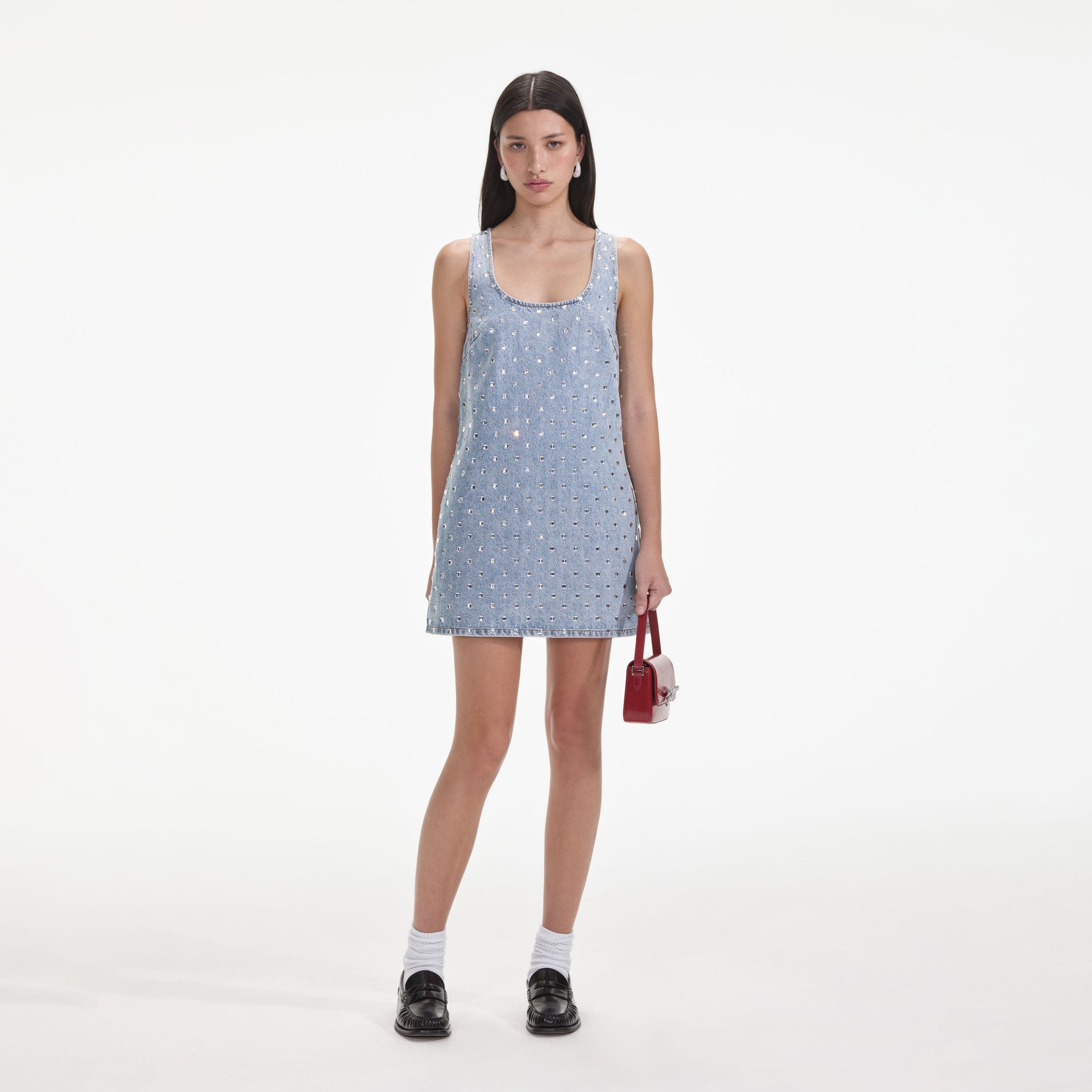 Square Rhinestone Denim Mini Dress – self-portrait-US