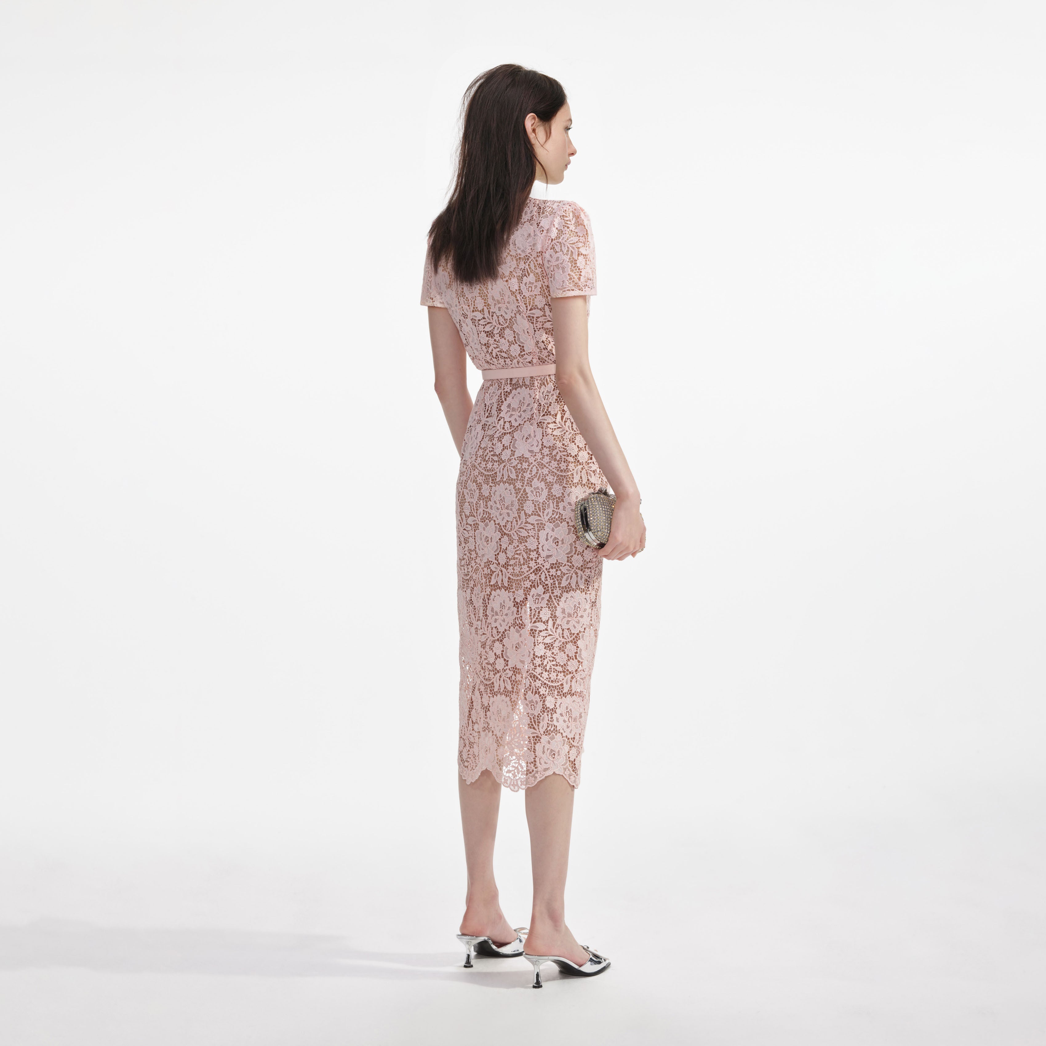 Pink Lace Diamante Bow Midi Dress – self-portrait-US