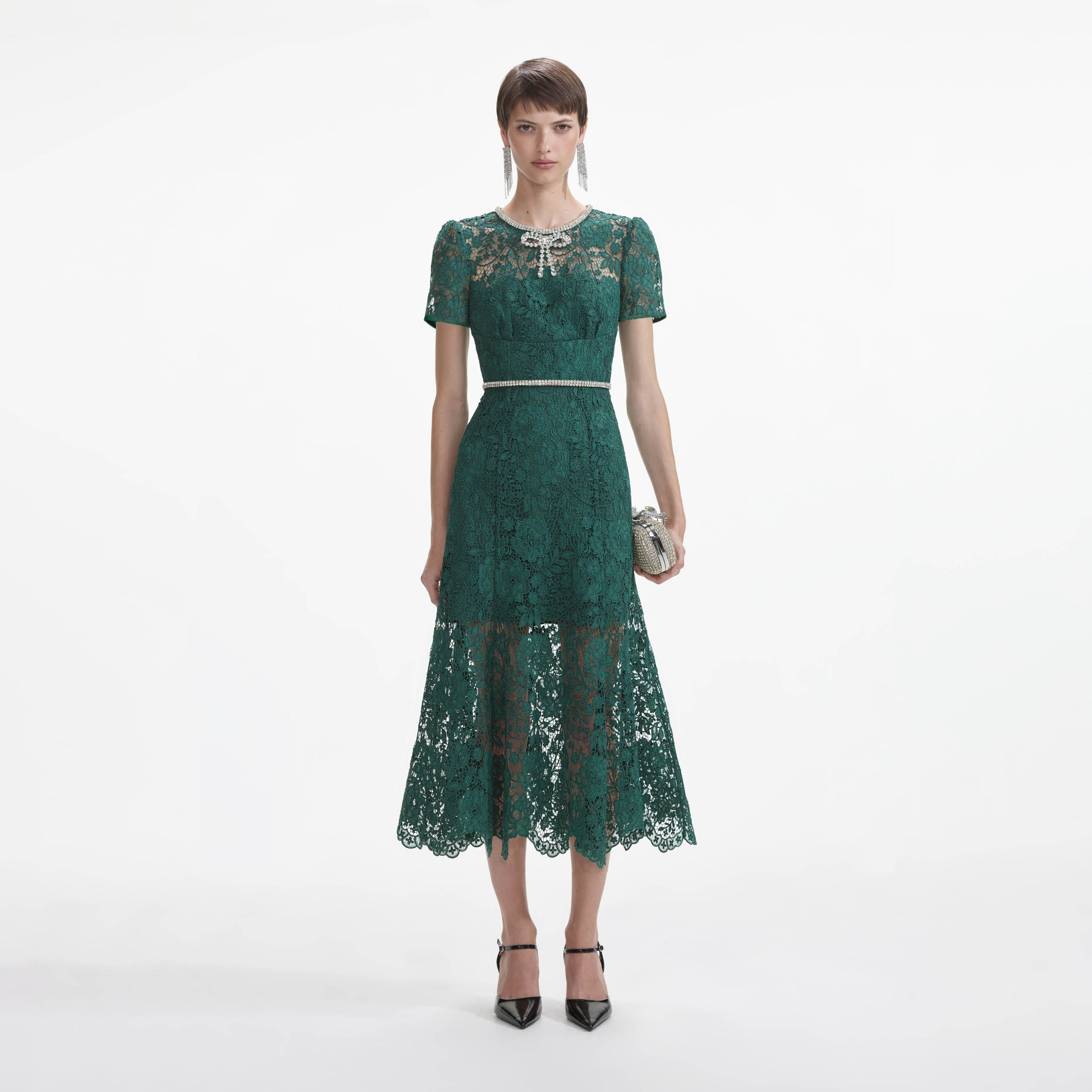 Green Lace Diamante Bow Midi Dress – self-portrait-US 