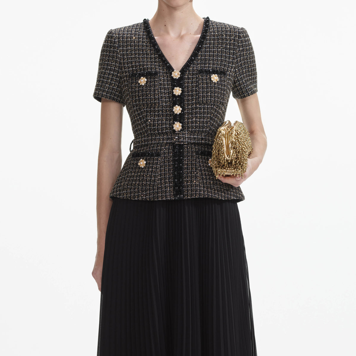sleeveless tailored boucle and chiffon midi dress Self-Portrait - Black Boucle Sleeveless Midi Dress