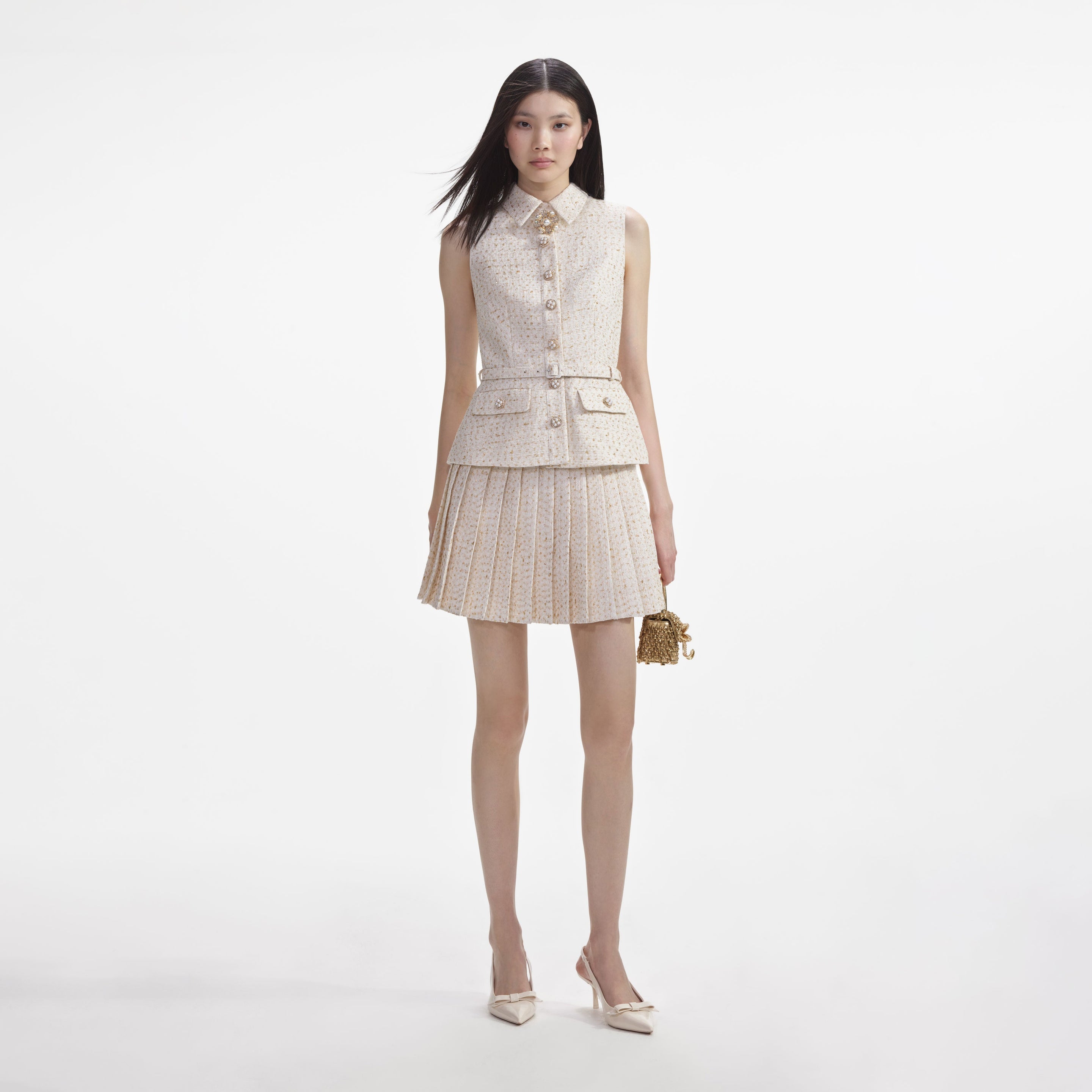 Cream Metallic Boucle Tailored Mini Dress – self-portrait-US