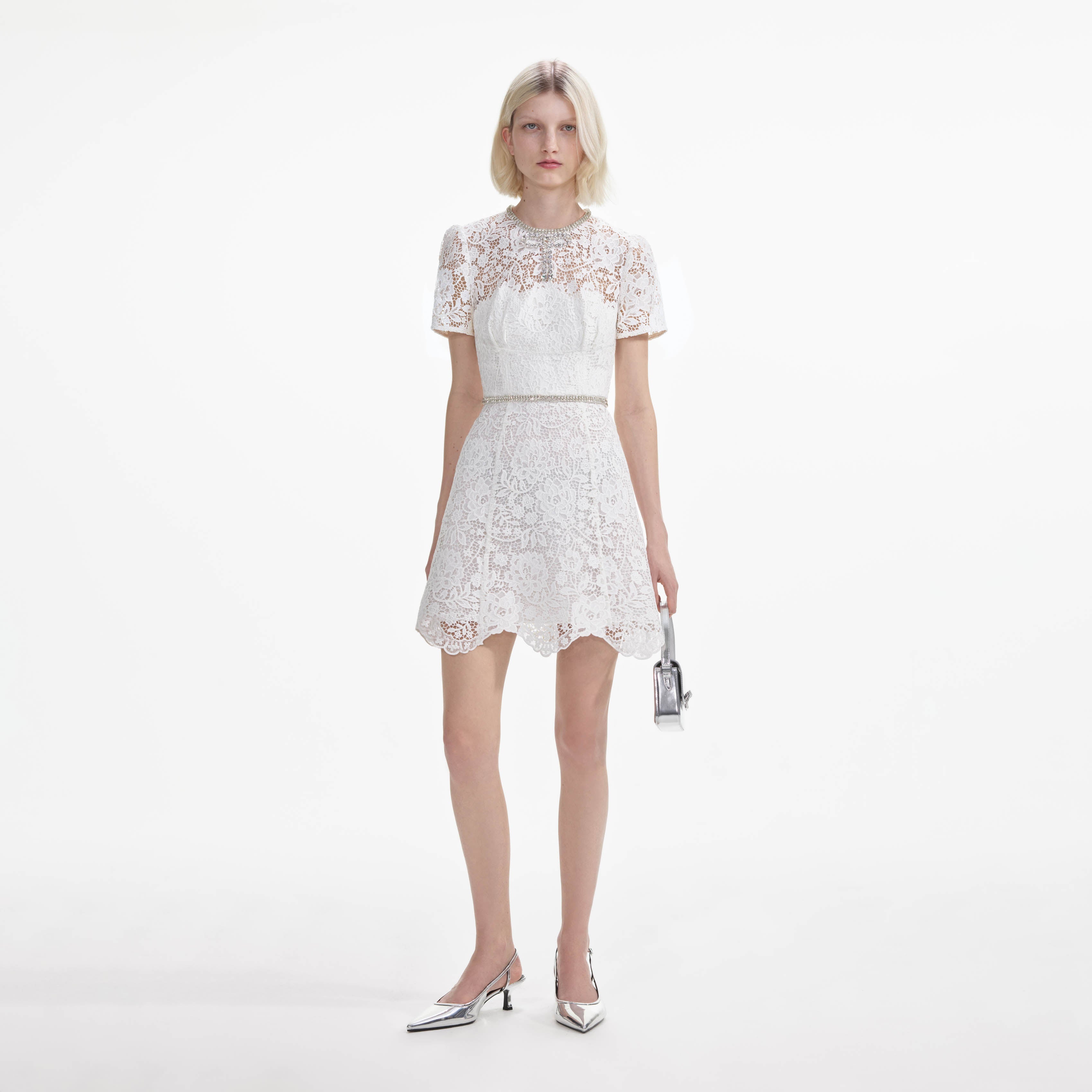 White Lace Diamante Mini Dress