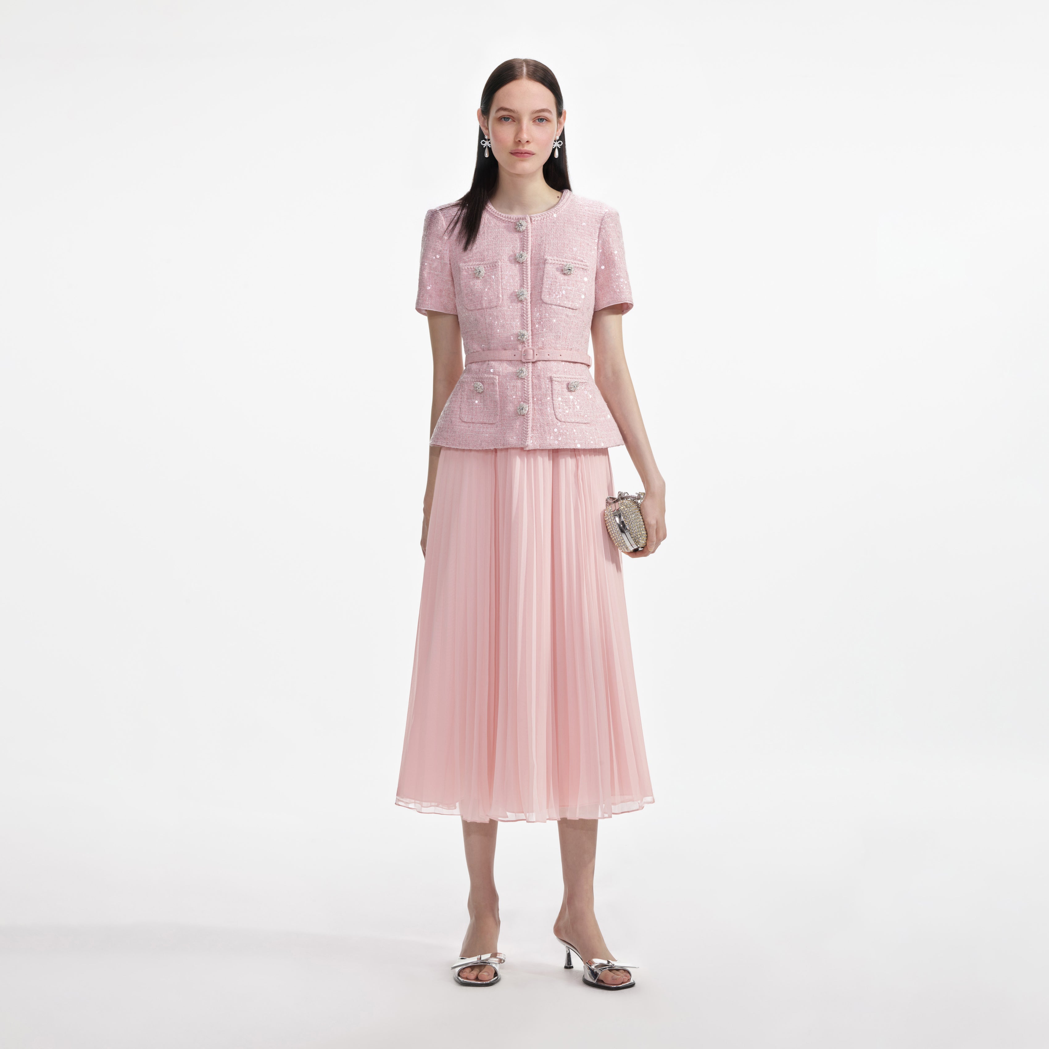 Pink Boucle Sequin Midi Dress