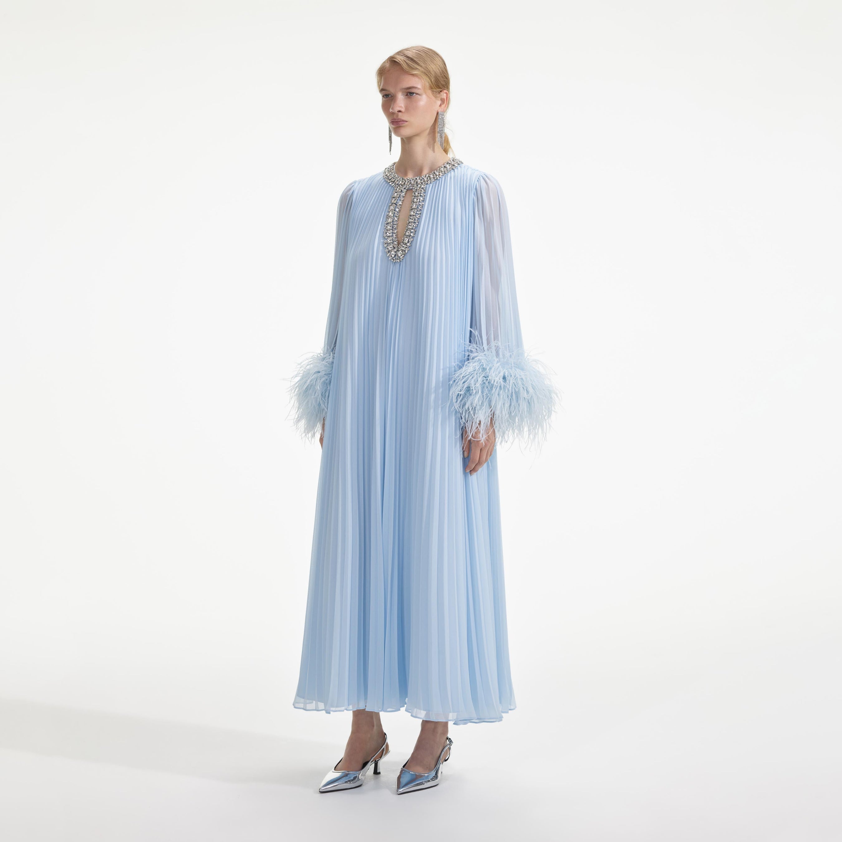 Blue Chiffon Feather Midi Dress