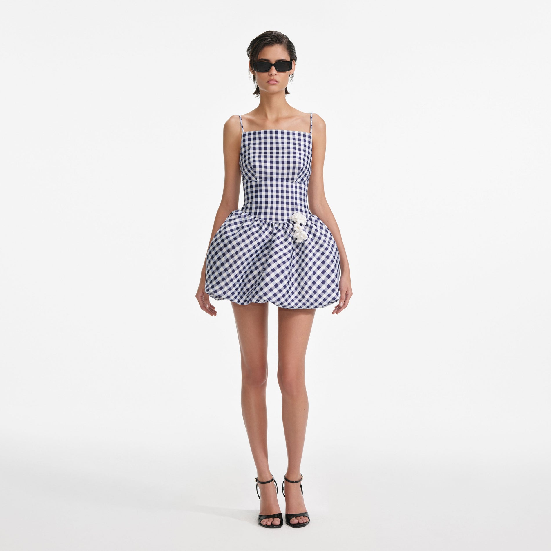 Front view of a woman wearing the Navy Gingham Taffeta Mini Dress