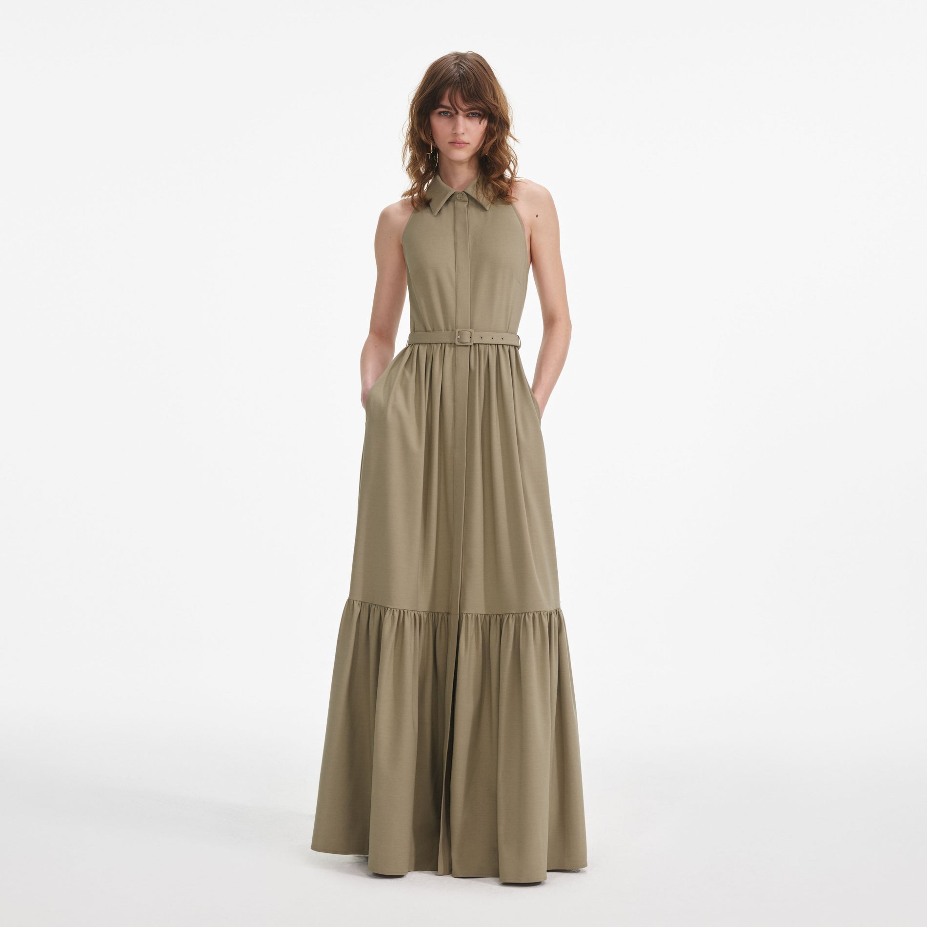 Front view of a woman wearing the Beige Sleeveless Twill Maxi Dress