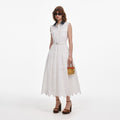 White Contrast Collar Broderie Midi Dress