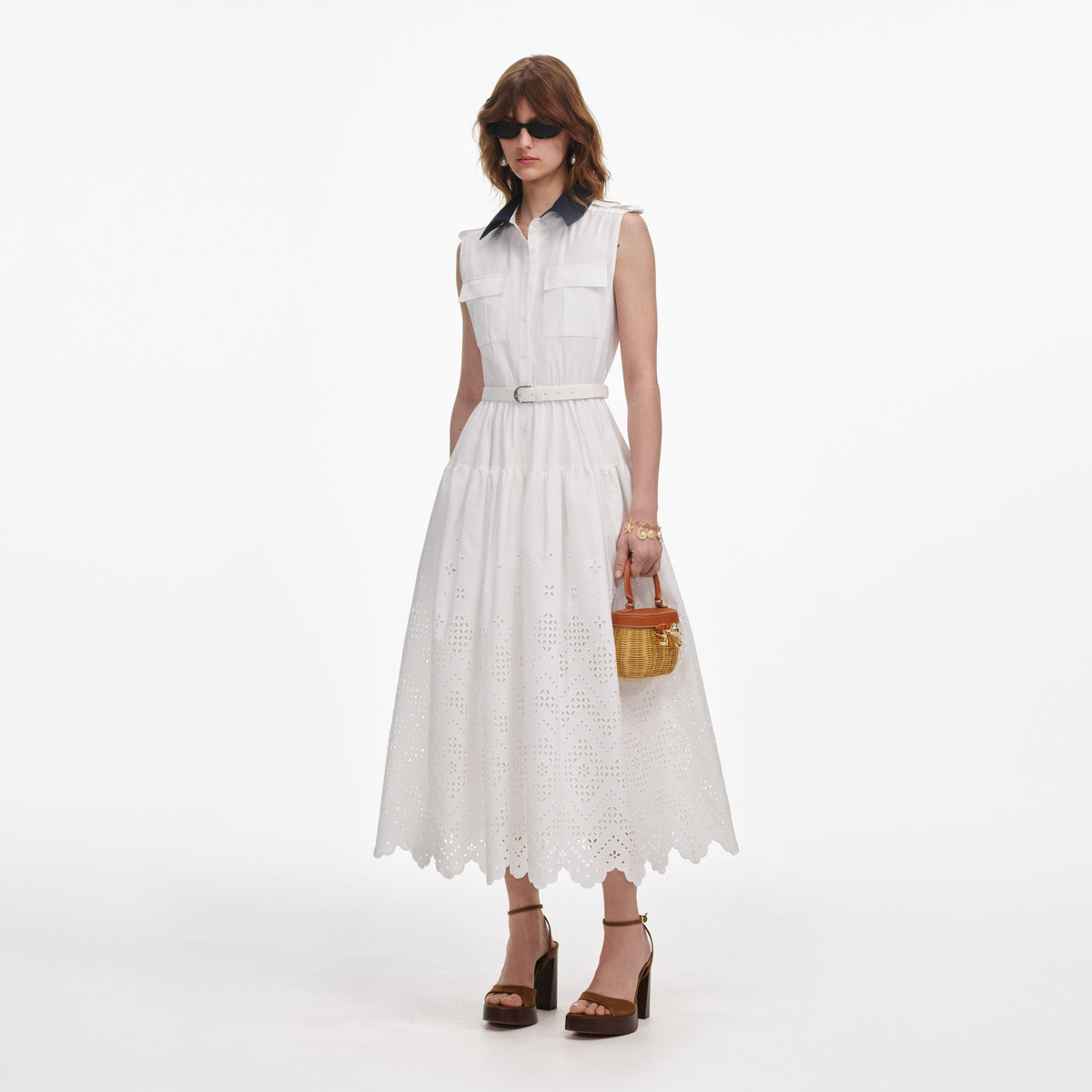 self portrait white cotton broderie midi dress Self-Portrait Women's Eyelet Cotton A-Line Midi-Dress - White