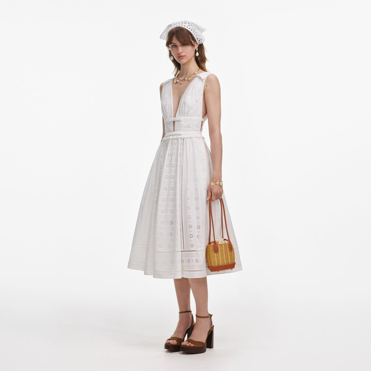 midi broderie dress Self-Portrait - White Cotton Broderie Midi Dress