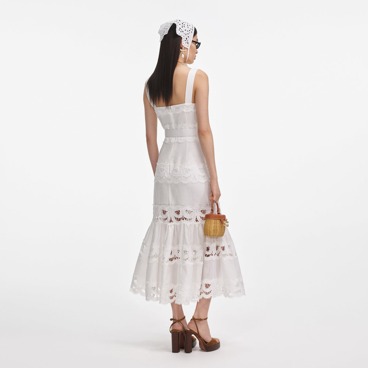 self-portrait - White Linen Lace Insert Midi Dress