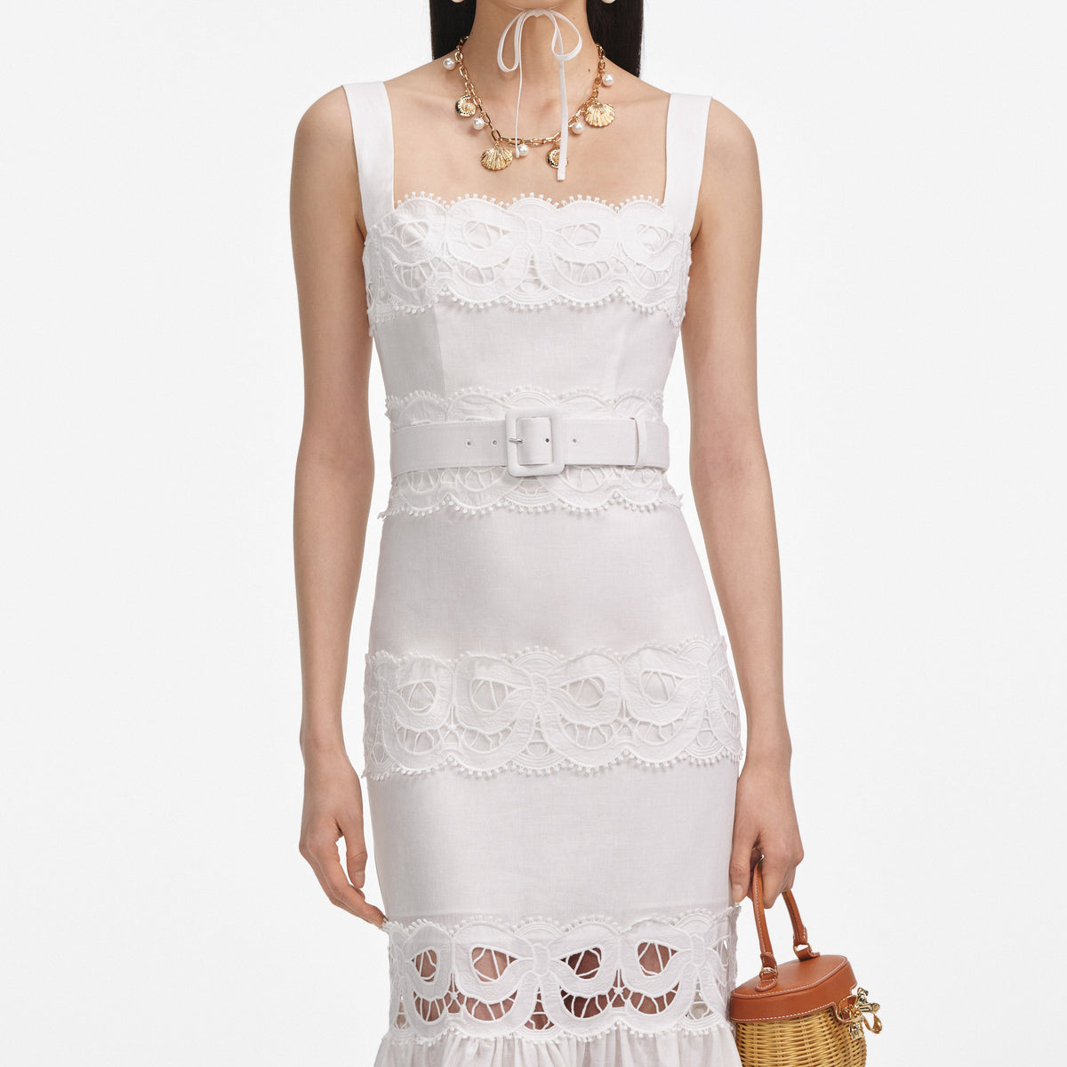 White Linen Lace Insert Midi Dress – self-portrait-US