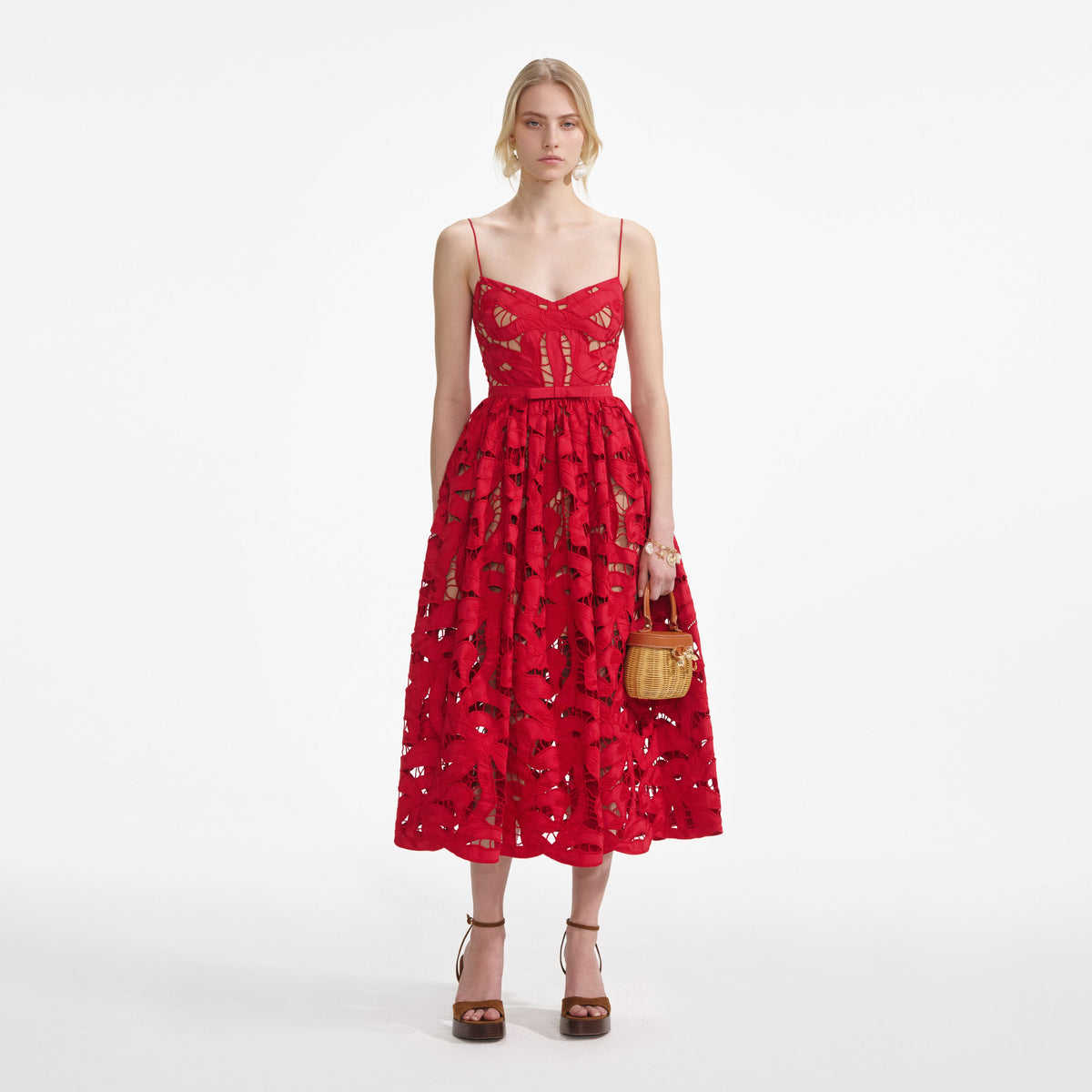 Self-Portrait - Red Bow Embroidered Midi Dress