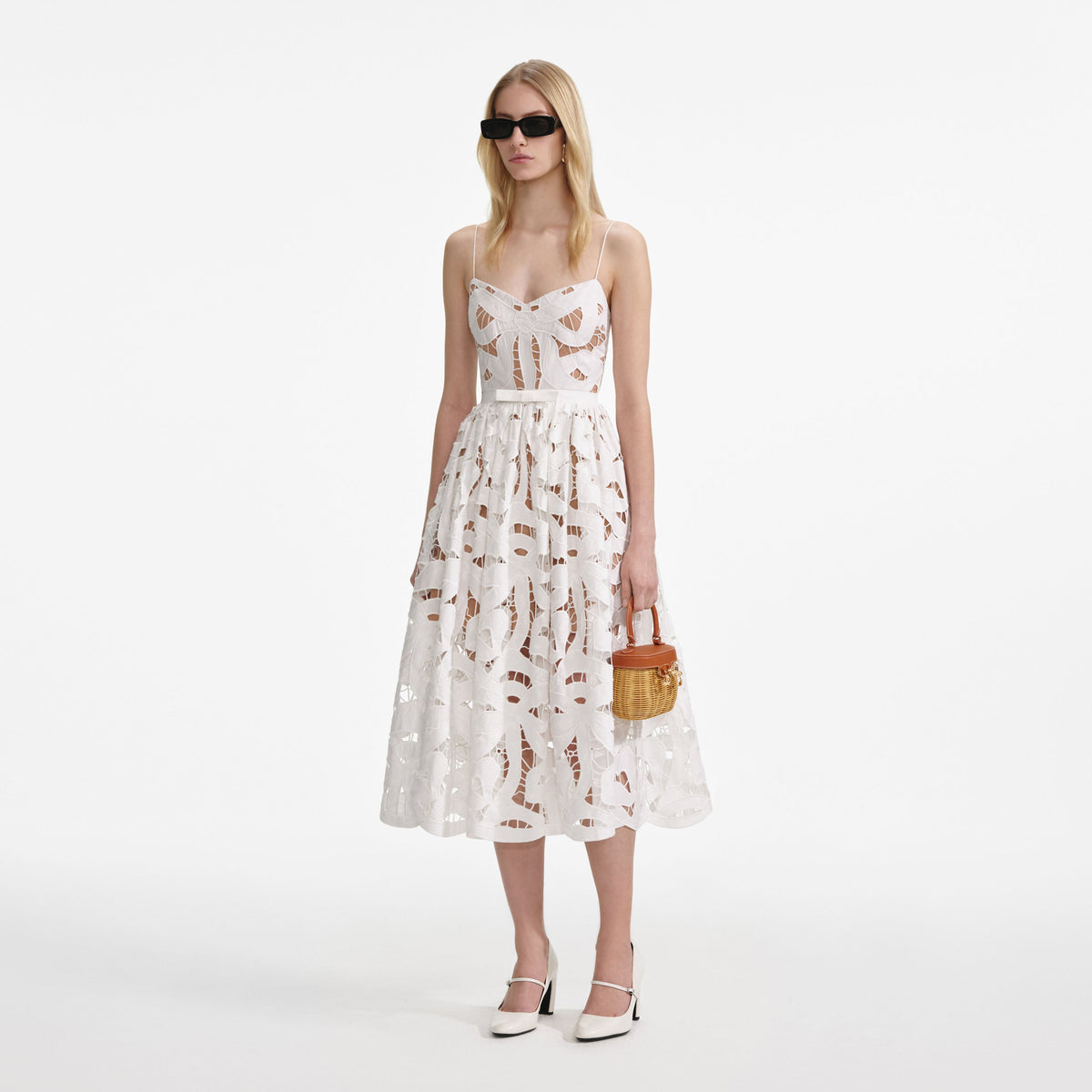 self portrait white daisy embroidered midi dress self-portrait - White Bow Embroidered Midi Dress