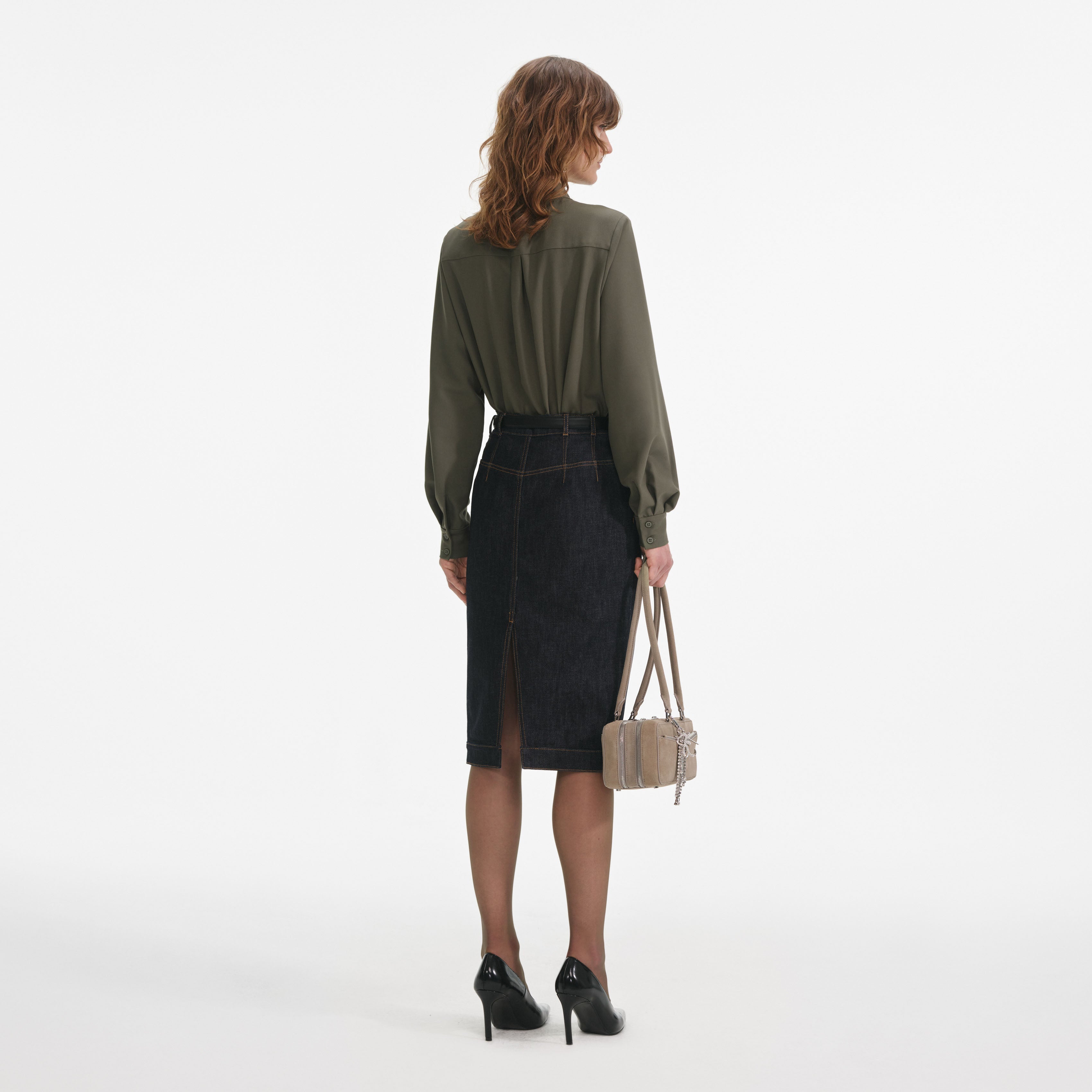 Khaki Twill Tie Neck Blouse
