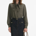Khaki Twill Tie Neck Blouse