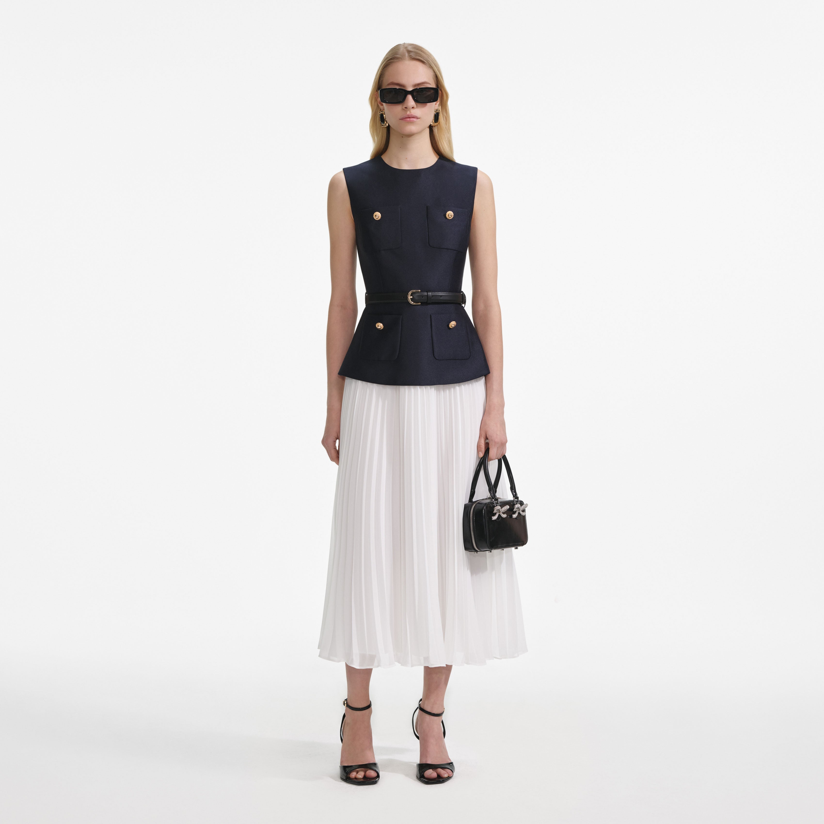 Navy Taffeta Midi Dress