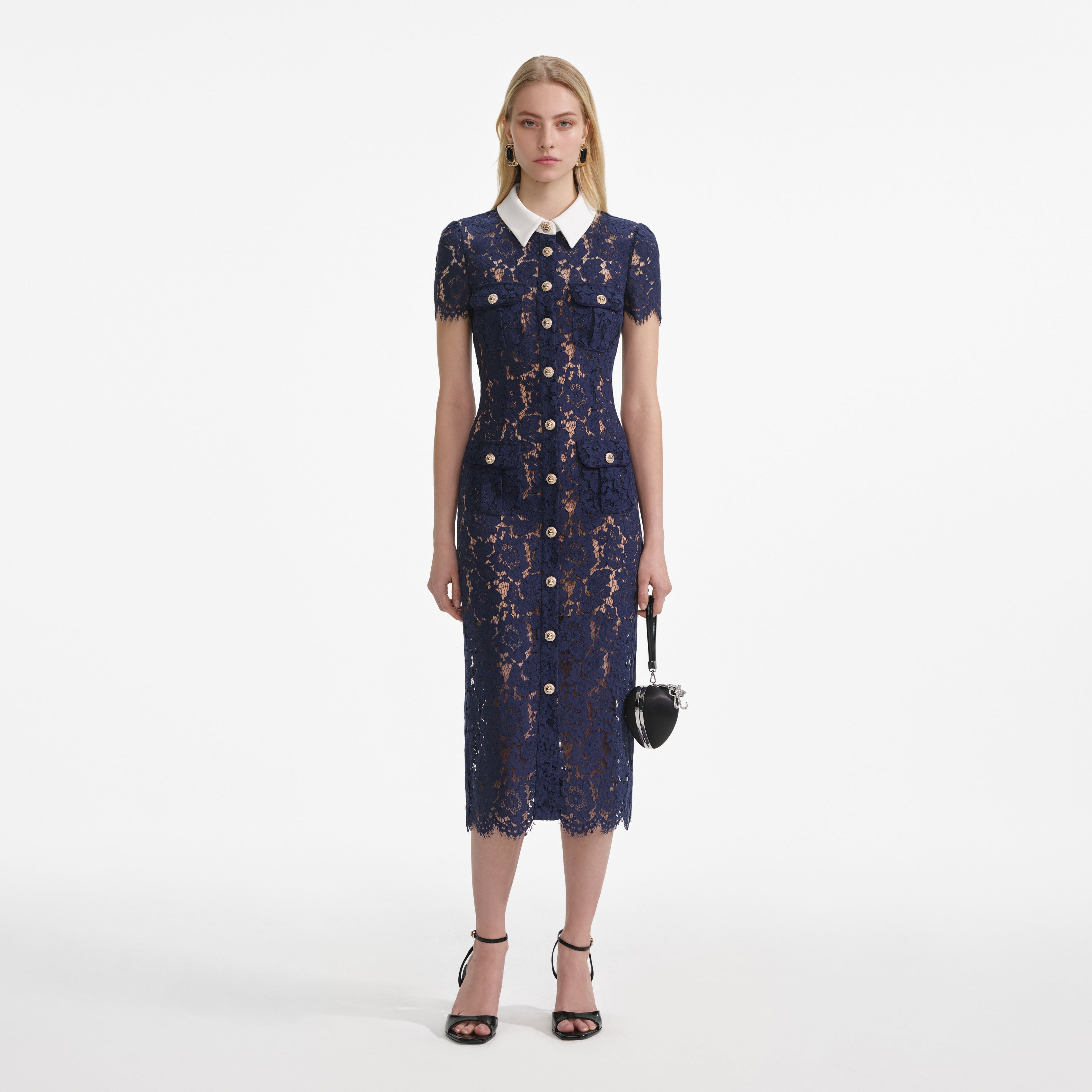 Navy Lace Contrast Collar Midi Dress