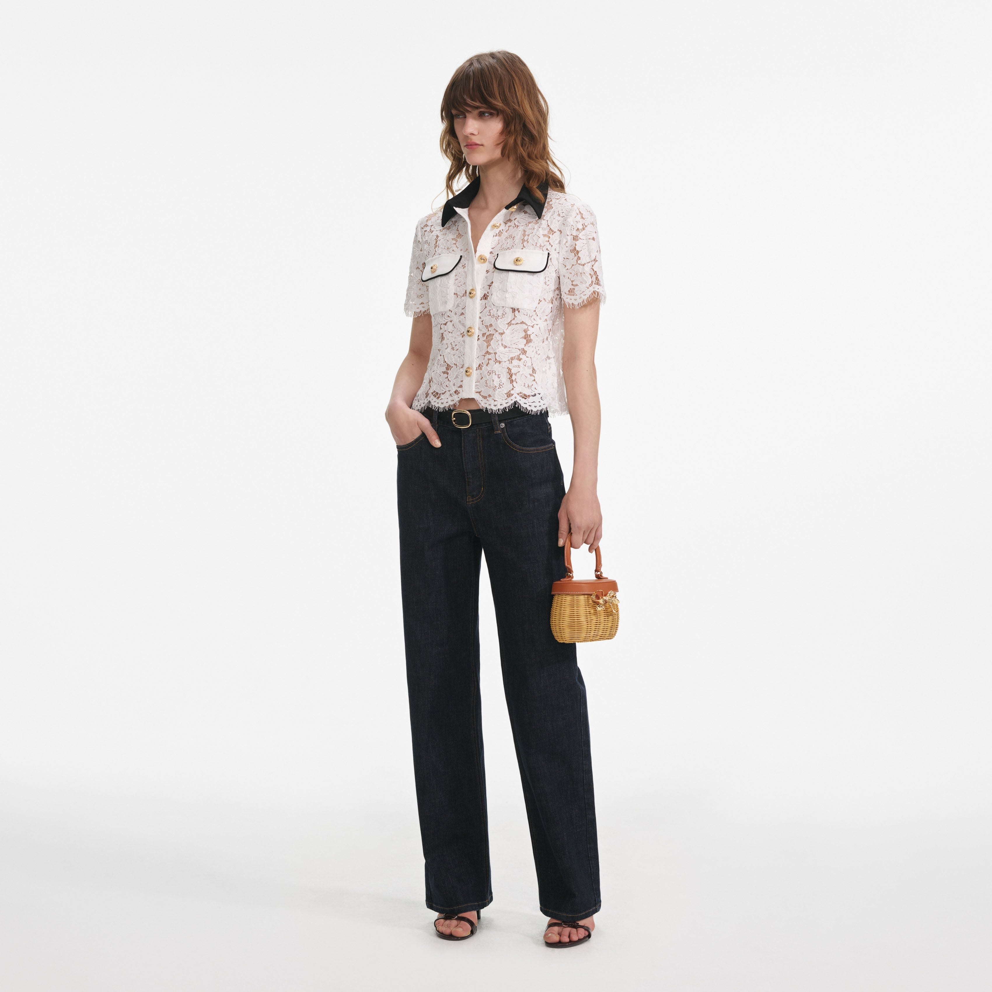 White Lace Contrast Collar Top