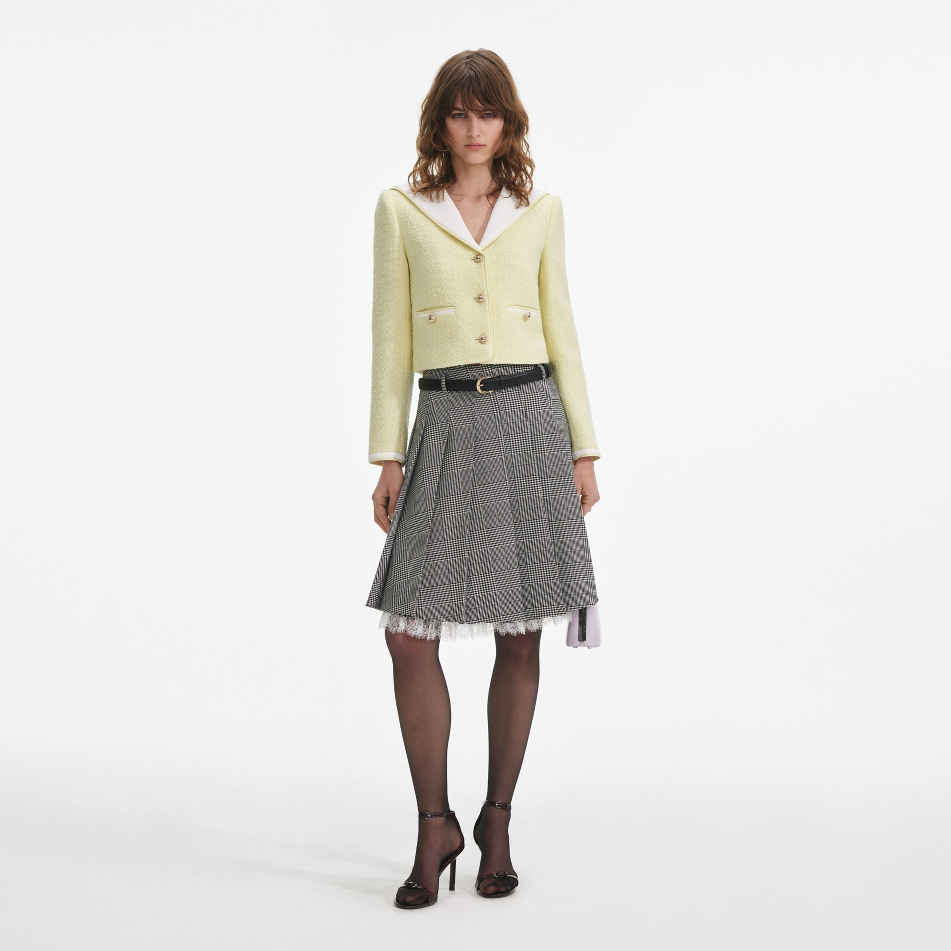 Front view of a woman wearing the Yellow Boucle Contrast Collar Jacket