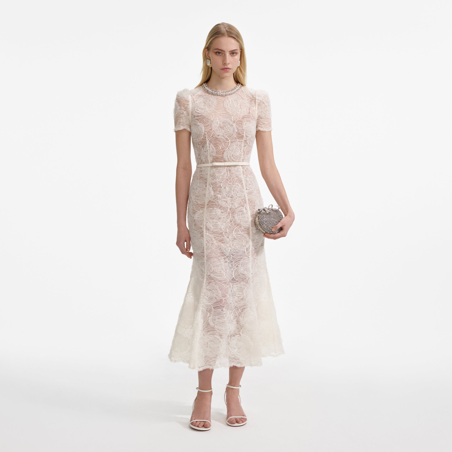 Front view of a woman wearing the Cream Tulle Lace Midi Dress