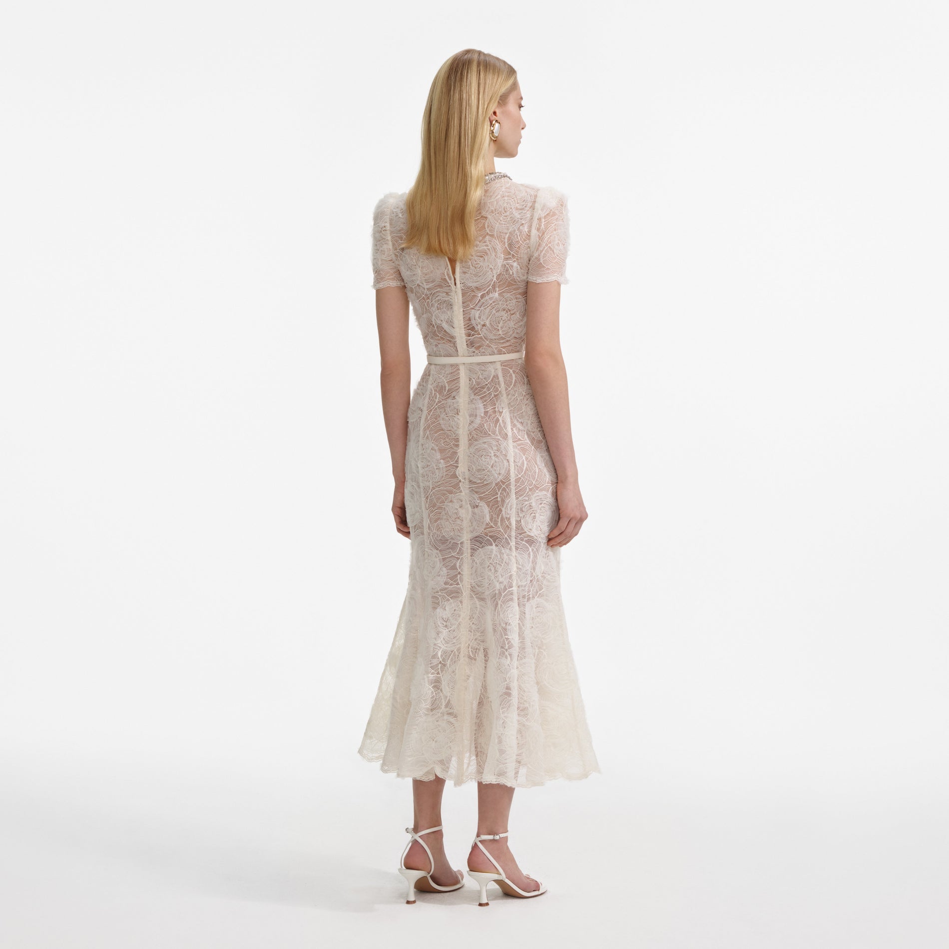 Back view of a woman wearing the Cream Tulle Lace Midi Dress