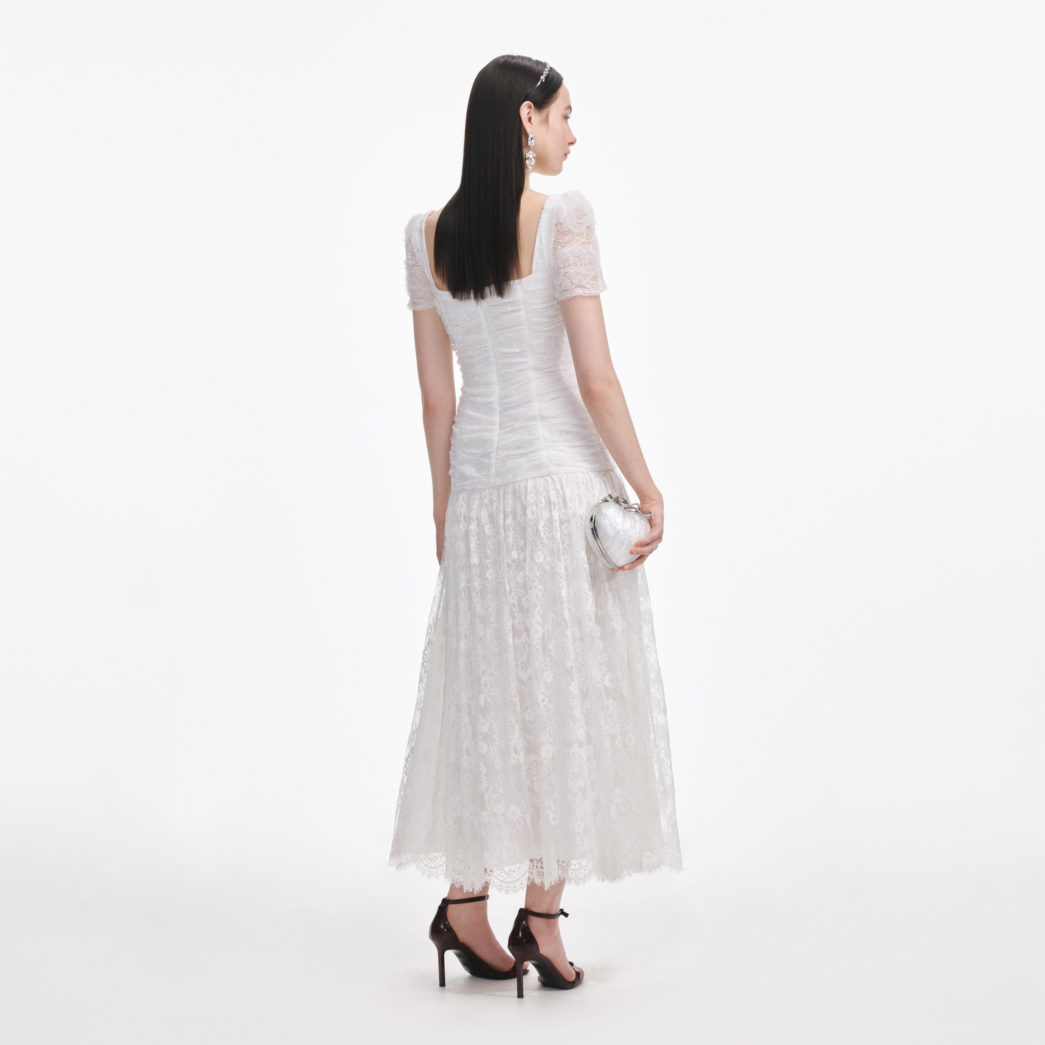 White Tulle Lace Gathered Midi Dress