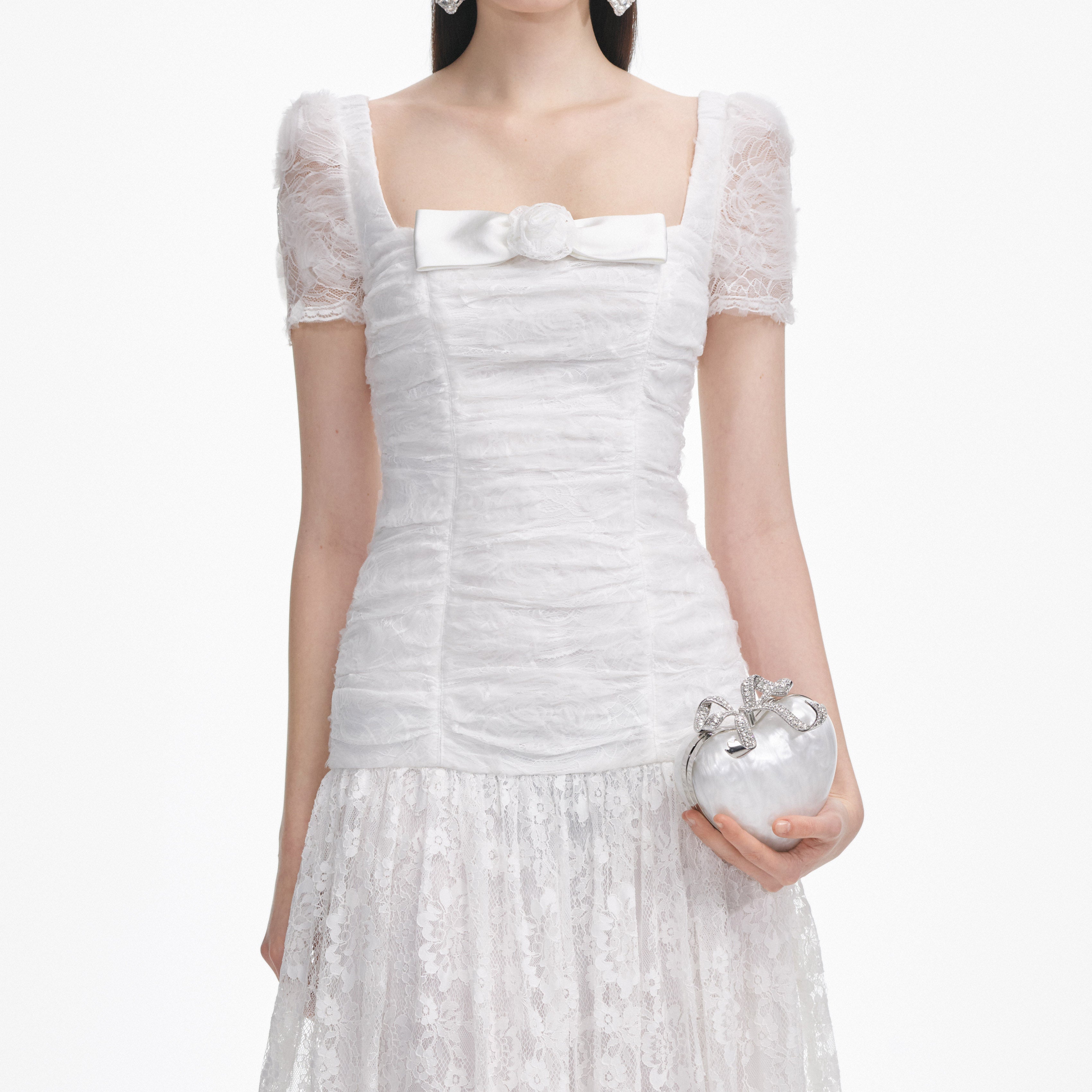 White Tulle Lace Gathered Midi Dress
