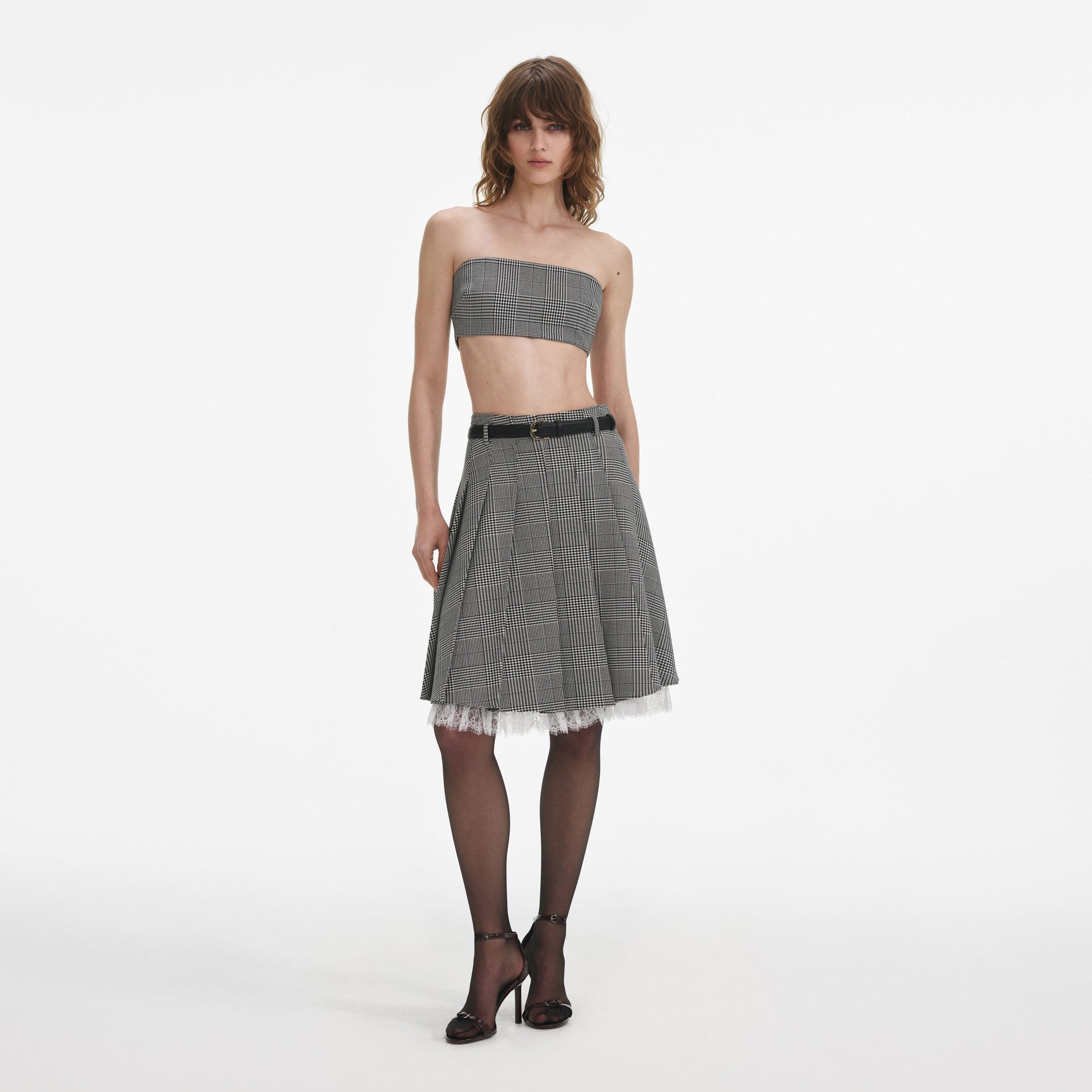 Front view of a woman wearing the Prince Of Wales Check Bandeau Top