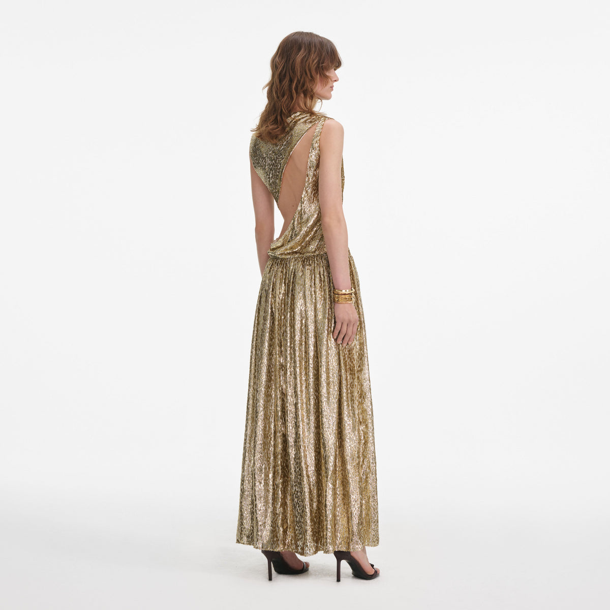 self-portrait - Gold Sleeveless Fil Coupe Maxi Dress