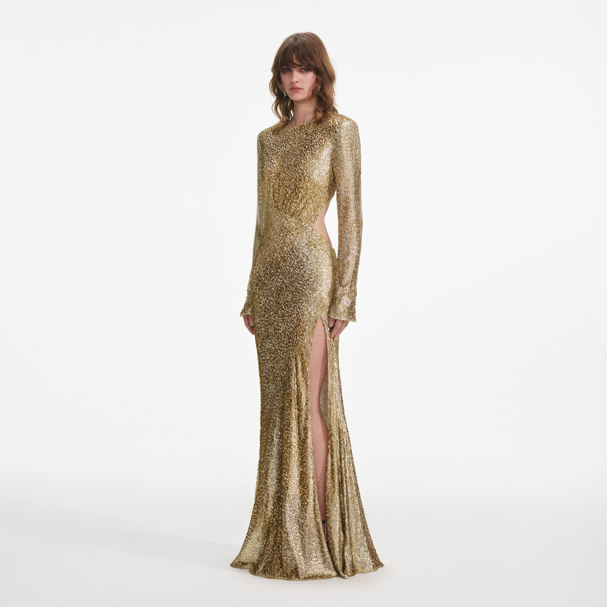 gold long sleeve maxi dress Self-Portrait - Long Fil Coupe Dress - Gold