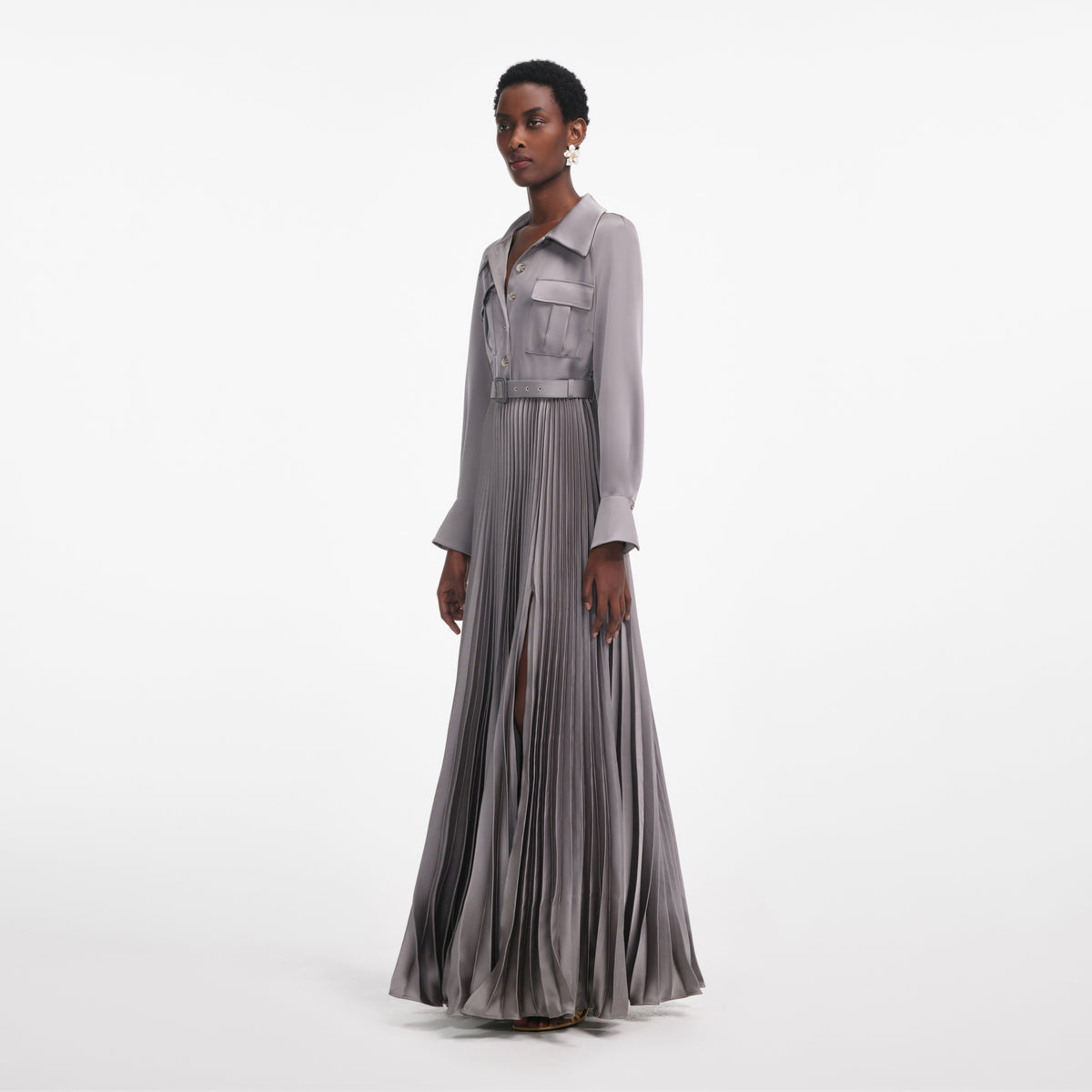 self-portrait - Grey Satin Pleated Maxi Dress - US 6 self-portrait - Grey Satin Pleated Maxi Dress - US 6