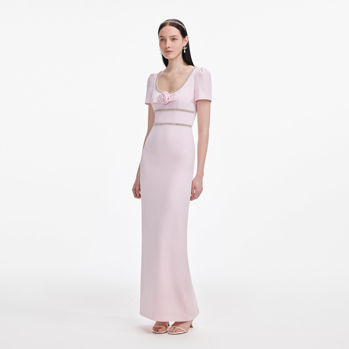 self-portrait - Pink Crepe Crystal Trim Maxi Dress - US 4