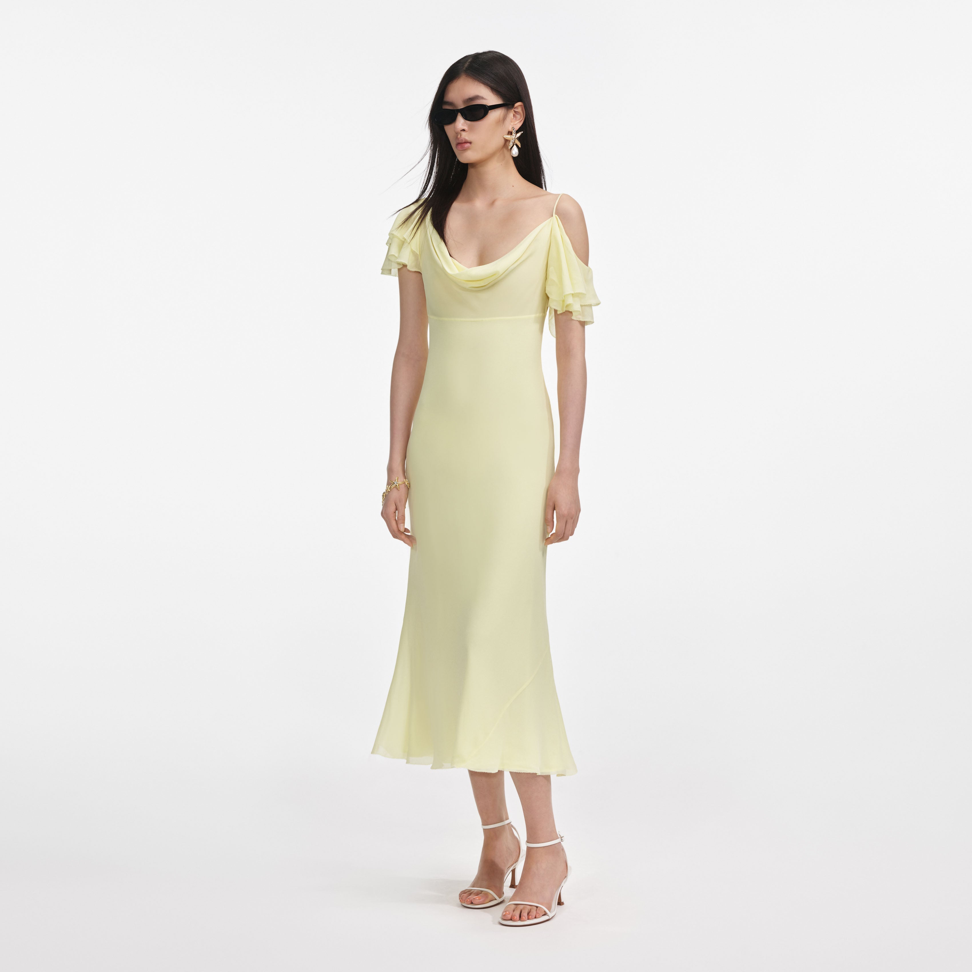 本物 Yellow Georgette Frill Midi Dress – self-portrait-US ワンピース