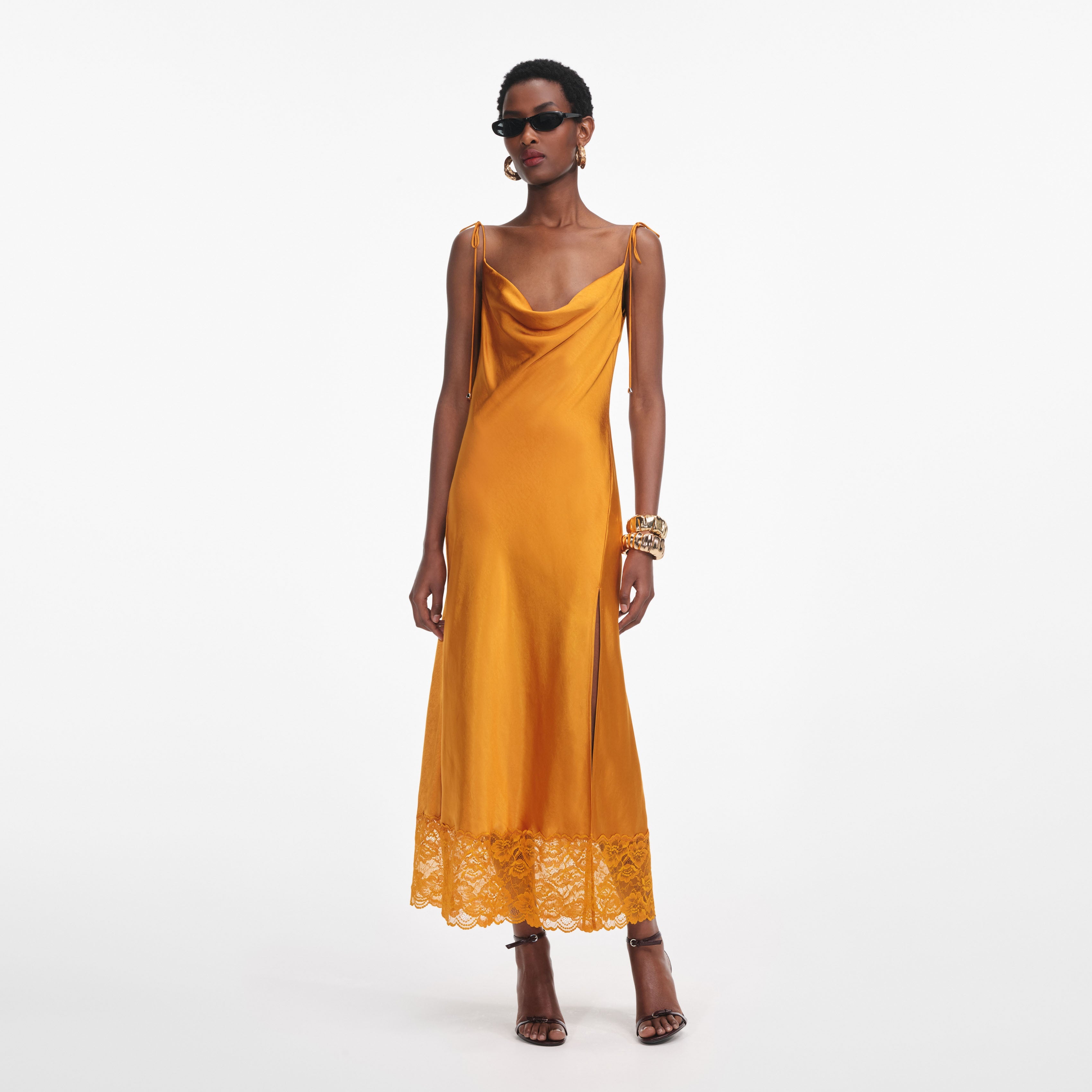 Burnt Orange Satin Midi Dress