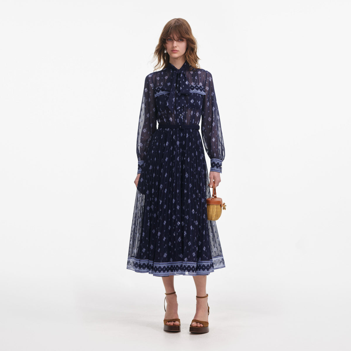 chiffon ornate print midi dress Navy Printed Chiffon Midi Dress – self-portrait-US