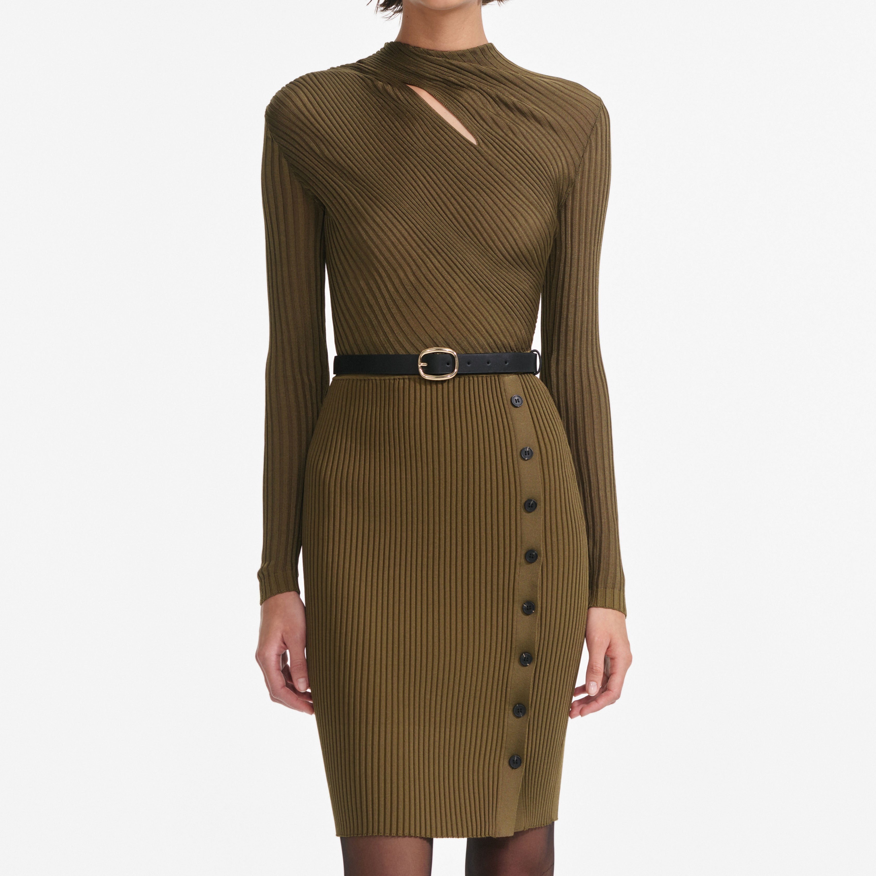 Khaki Cut Out Rib Knit Mini Dress – self-portrait-US