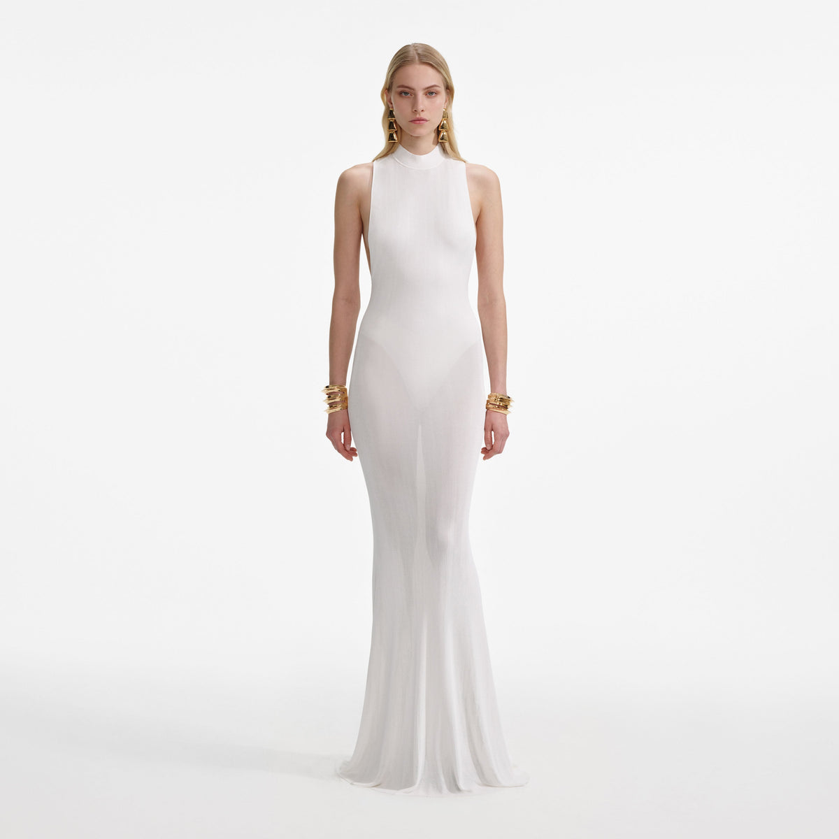 White Racer Back Viscose Knit Maxi Dress – self-portrait-US