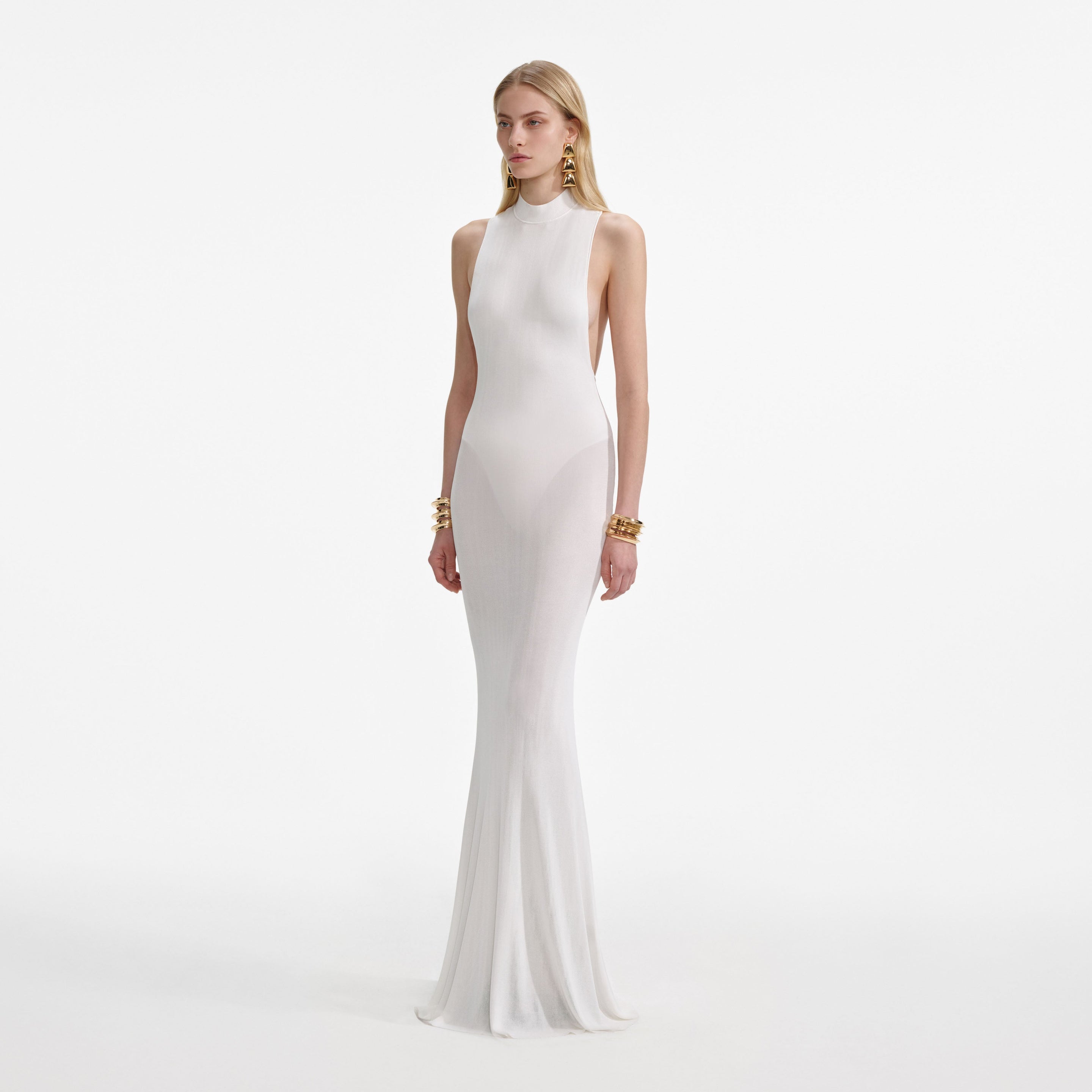 self-portrait - White Racer Back Viscose Knit Maxi Dress