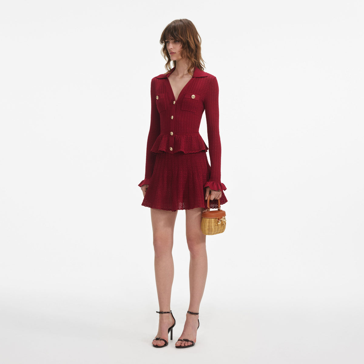 self-portrait - Burgundy Pointelle Knit Mini Dress