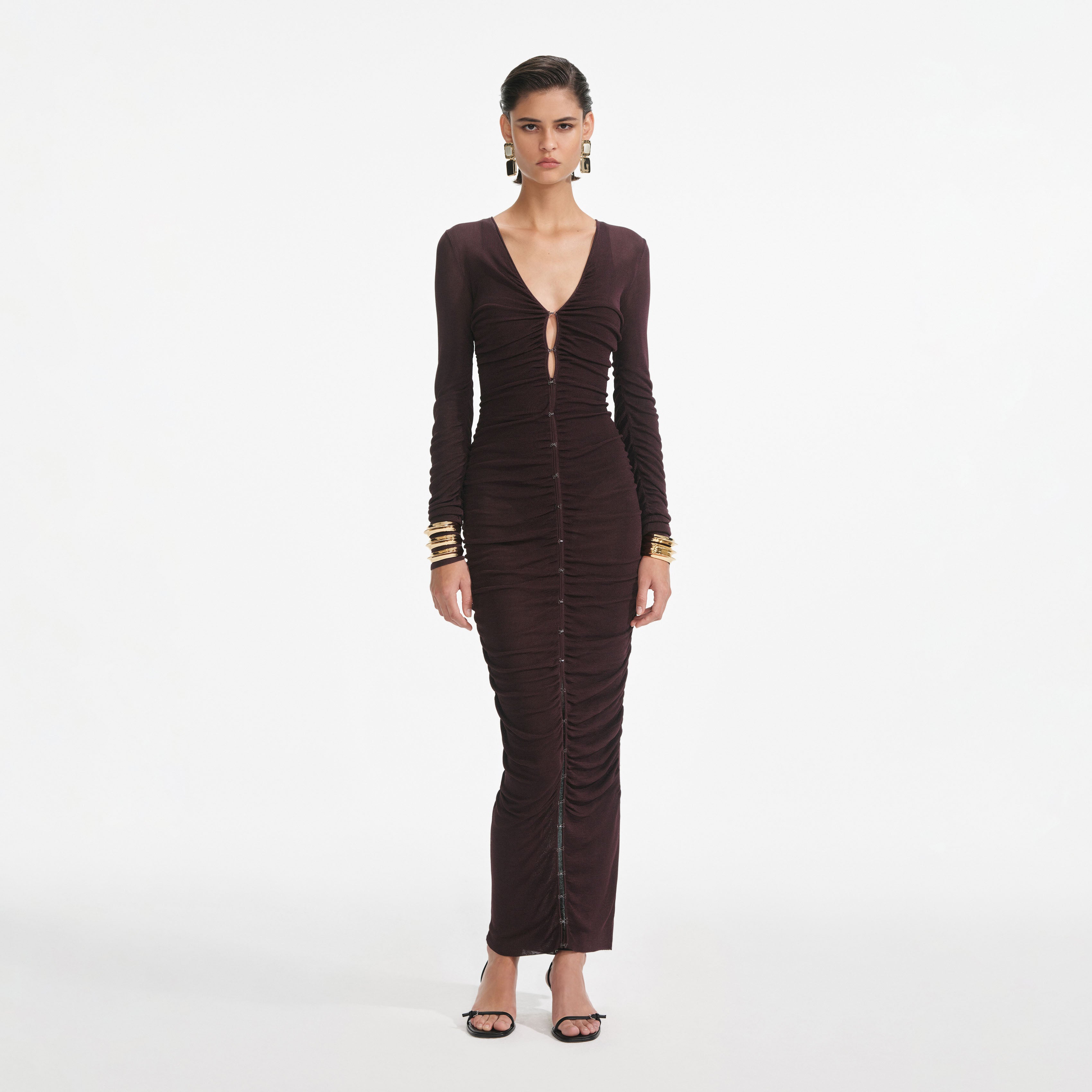 Brown Gathered Viscose Knit Midi Dress