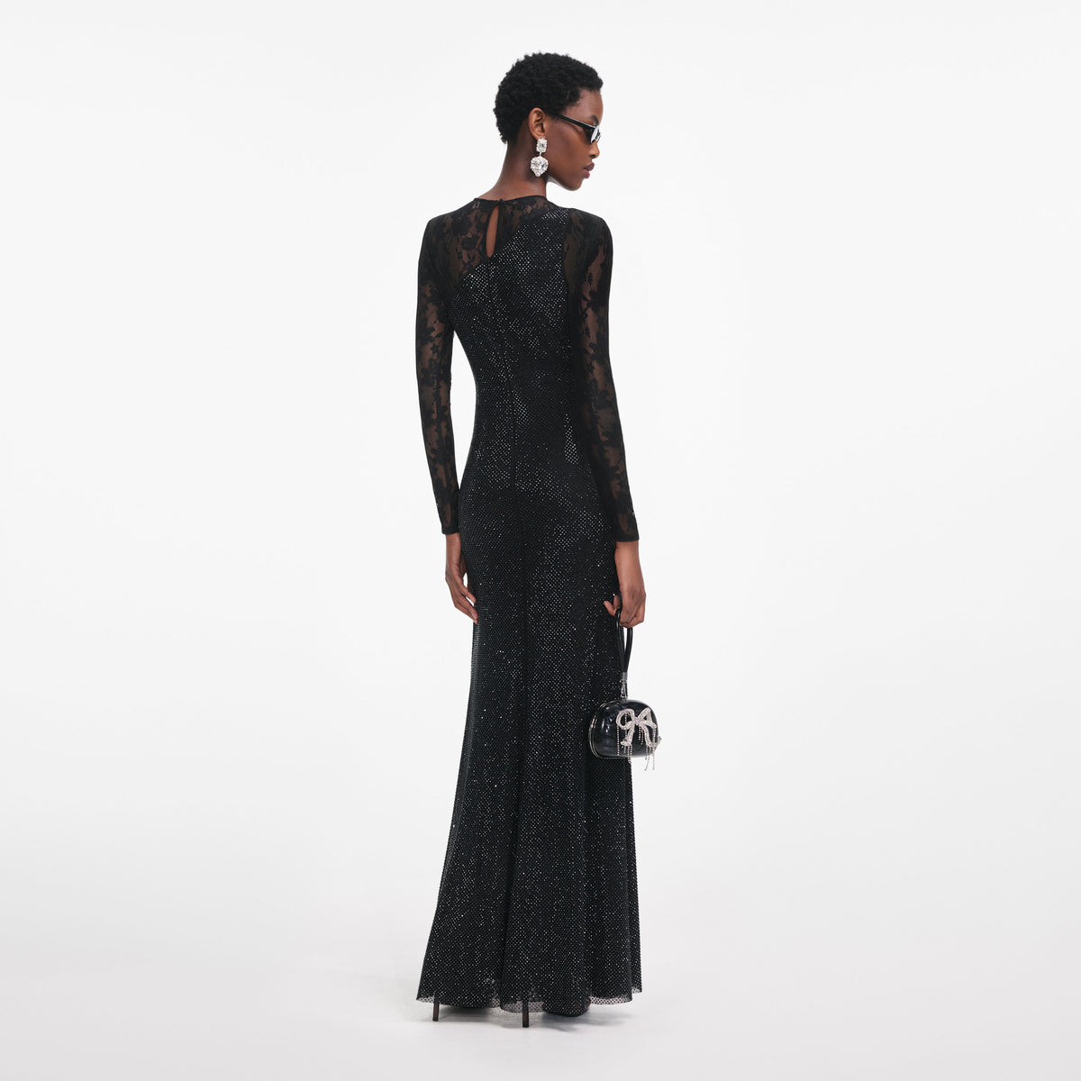 self-portrait - Black Rhinestone Lace Sleeves Maxi Dress