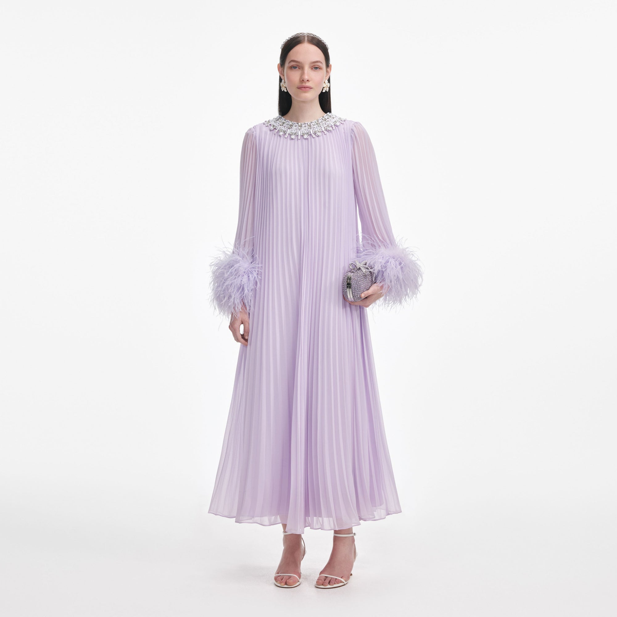 Front view of a woman wearing the Lilac Chiffon Feather Midi Dress