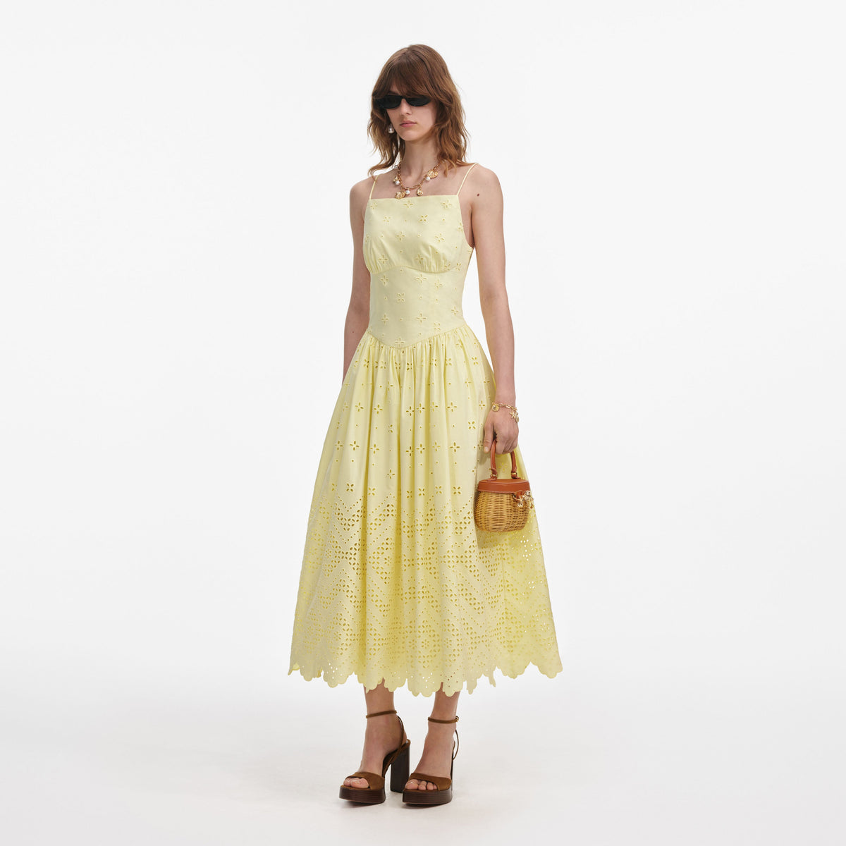 dress the population marie lace midi dress yellow Self-Portrait - Yellow Cotton Broderie Midi Dress