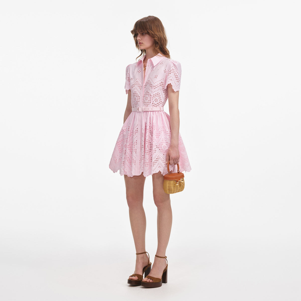 self-portrait - Pink Cotton Broderie Mini Dress