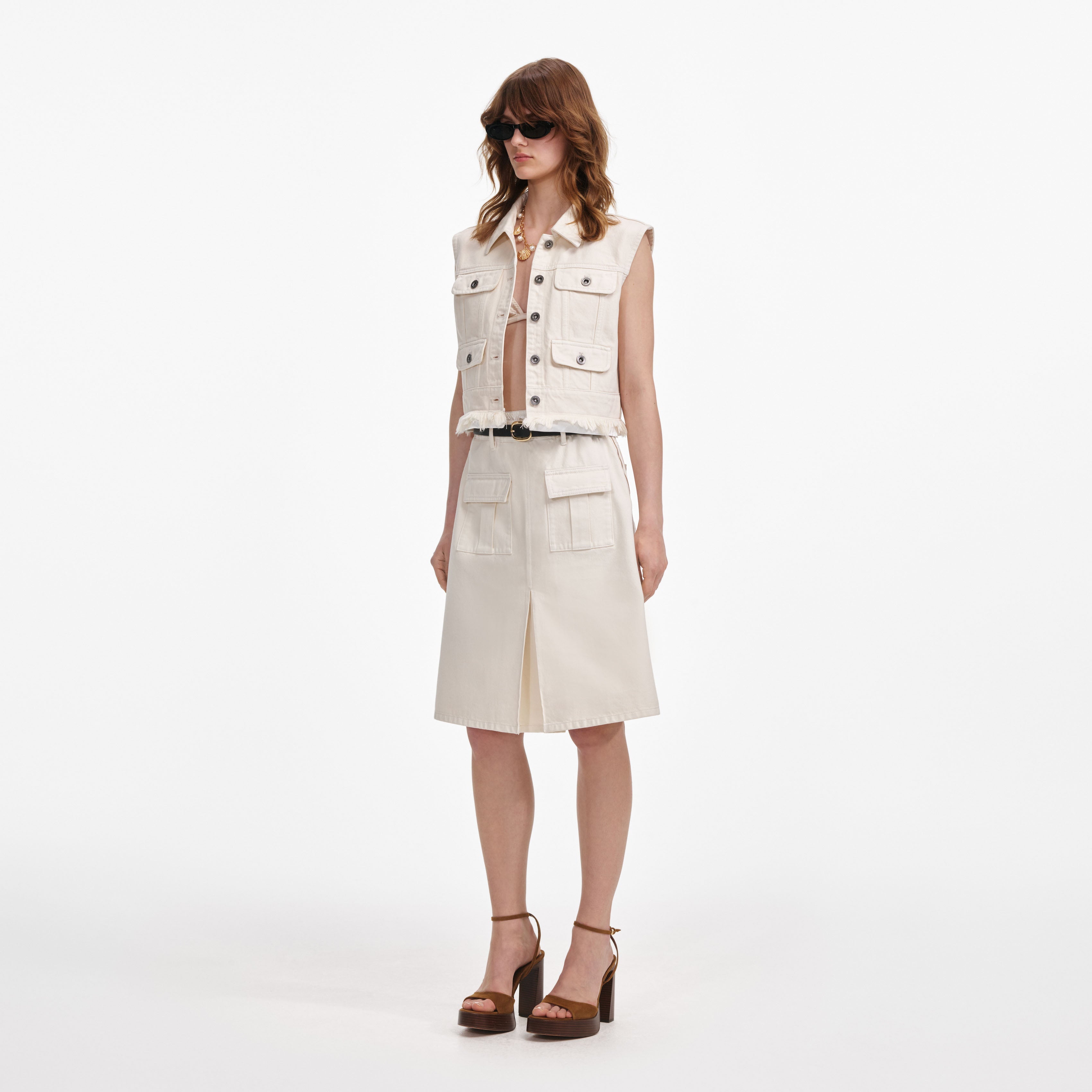 Cream Denim Midi Skirt