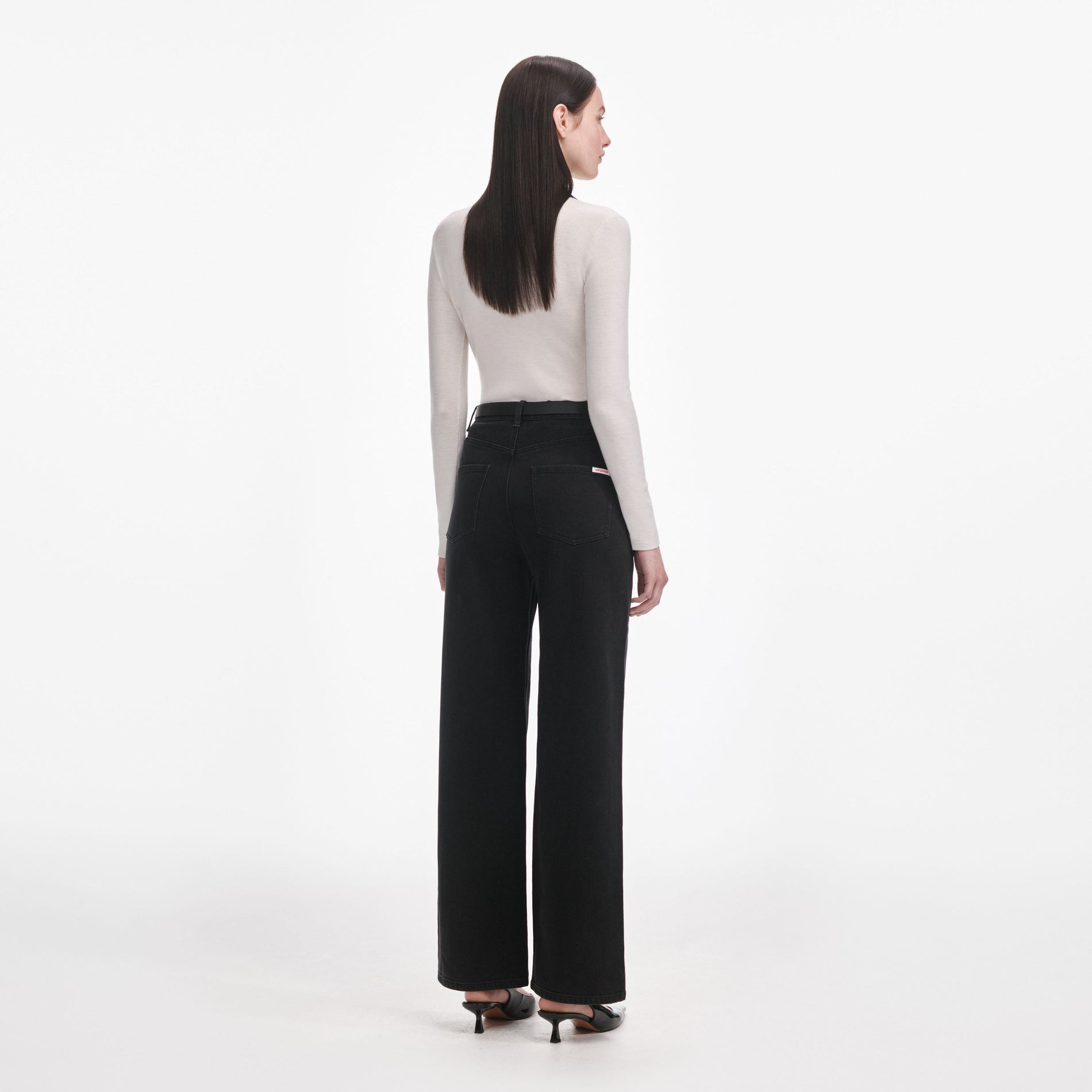 Back view of a woman wearing the Black Straight Leg Jeans