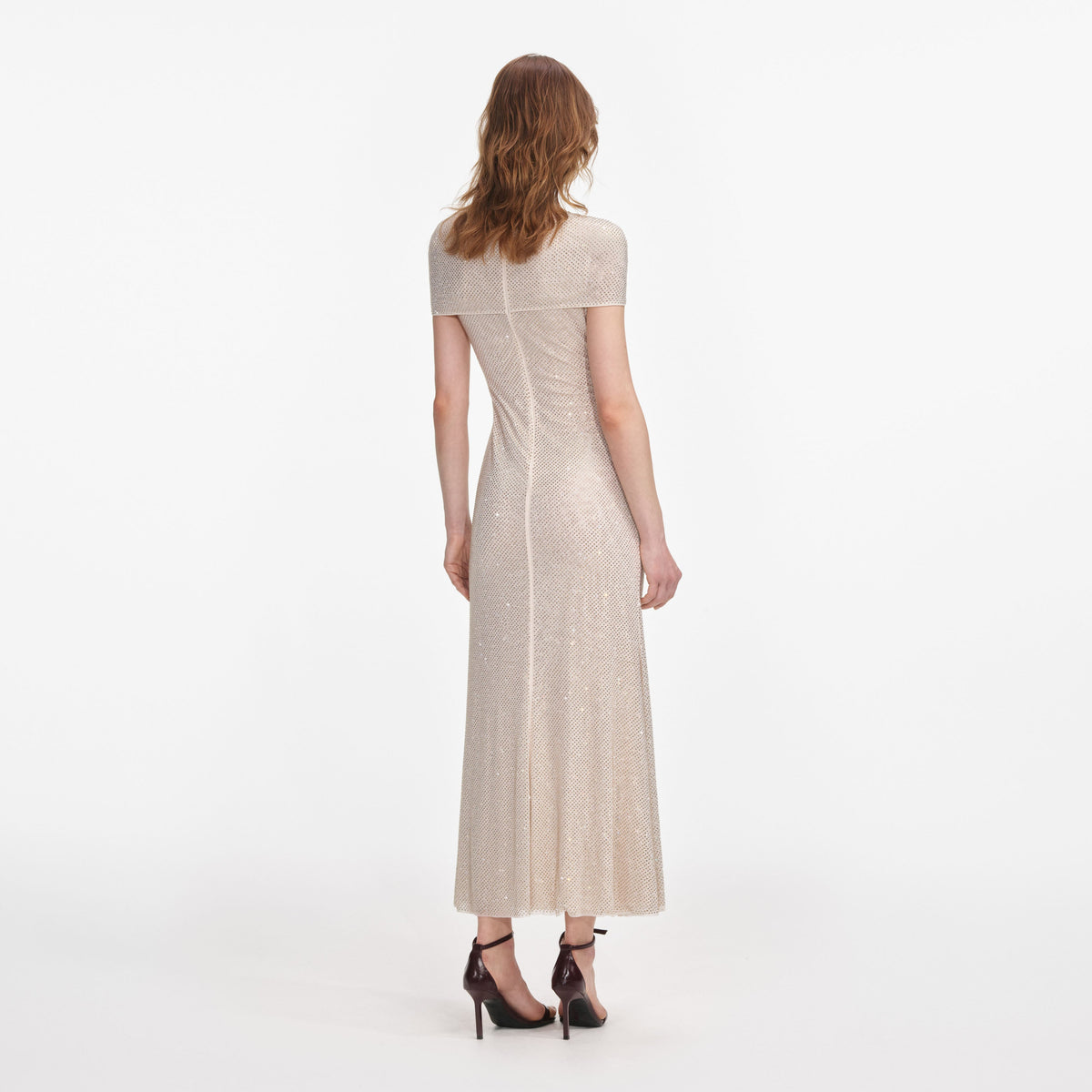 self portrait burgundy rhinestone mesh cut out midi dress self-portrait - Champagne Rhinestone Mesh Cut Out Midi Dress