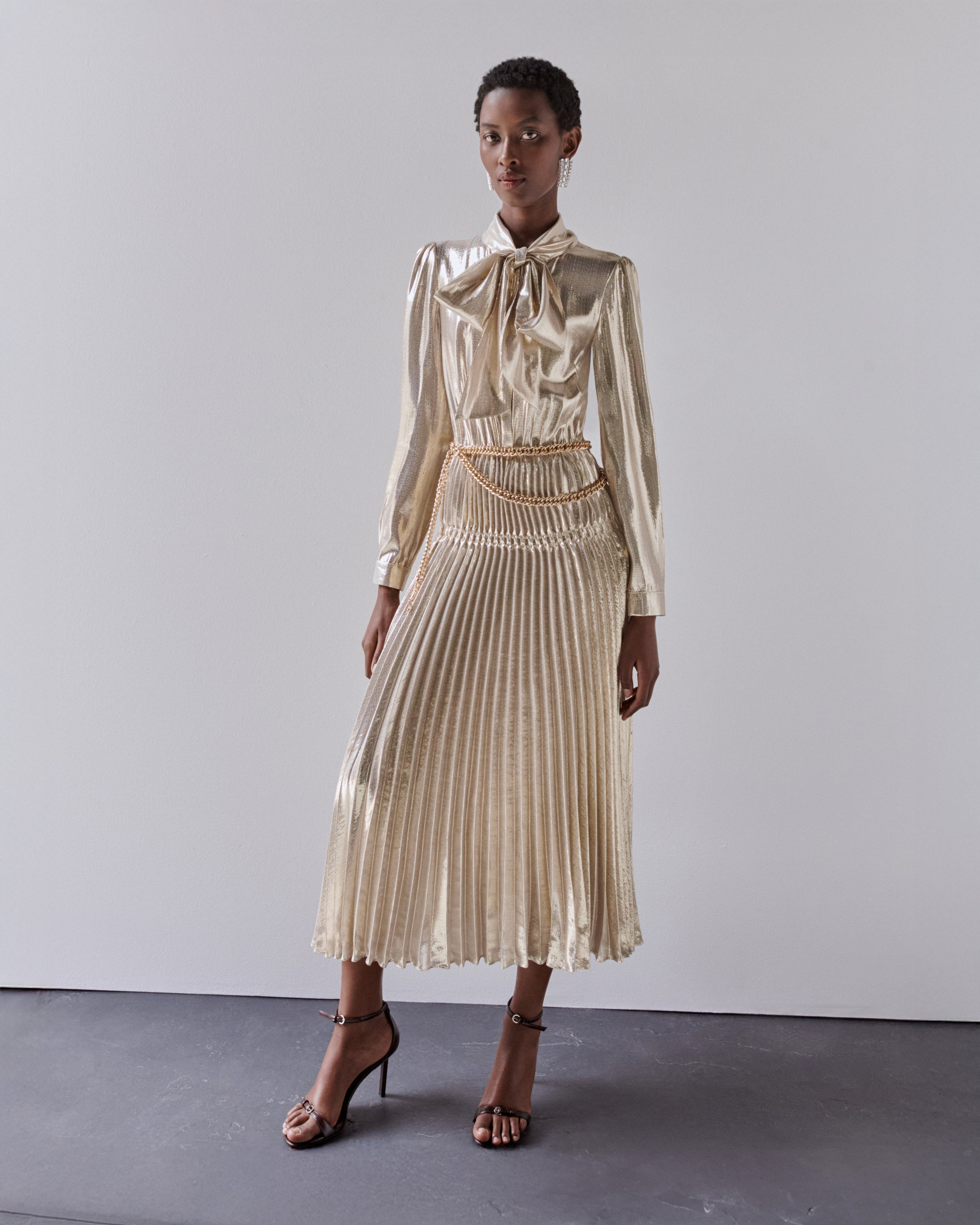 Gold Metallic Tie Neck Midi Dress – self-portrait-US