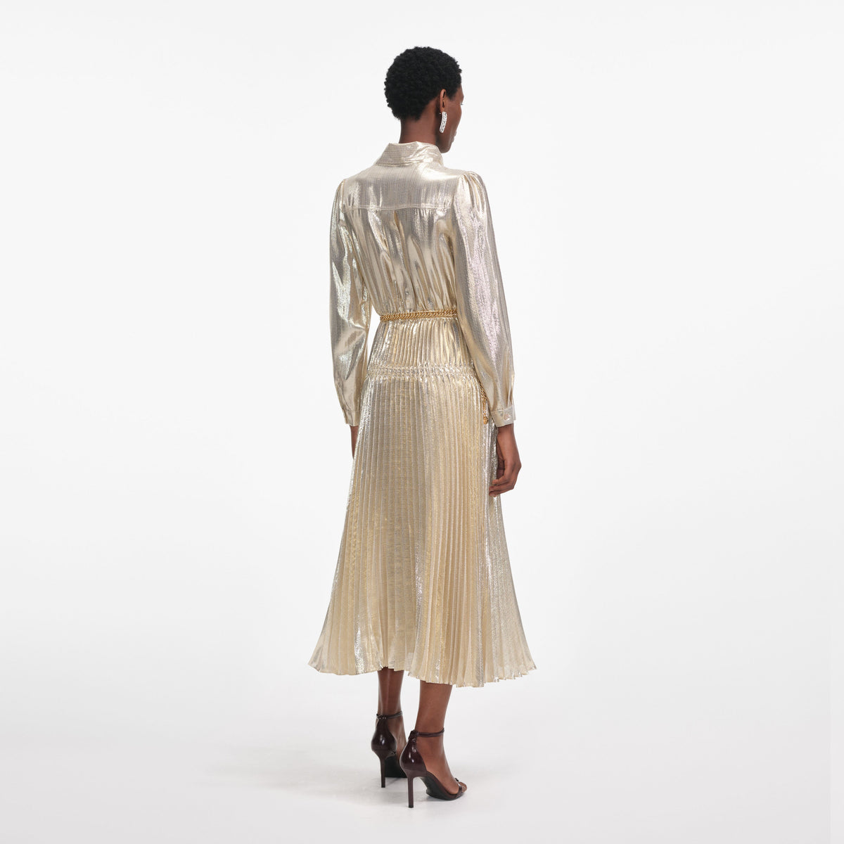 gold pleated dress self-portrait - Gold Metallic Tie Neck Midi Dress