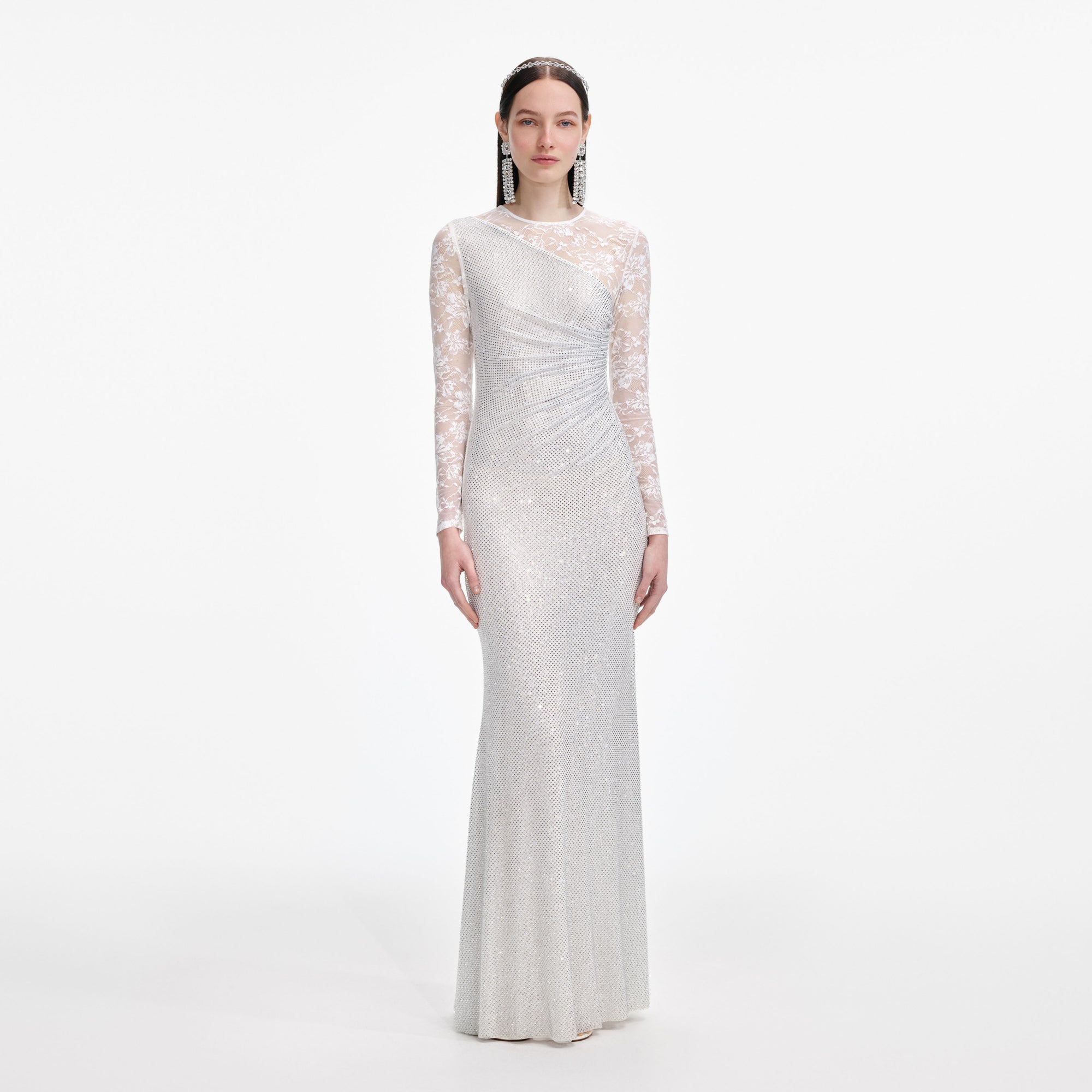 White Rhinestone Lace Sleeves Maxi Dress